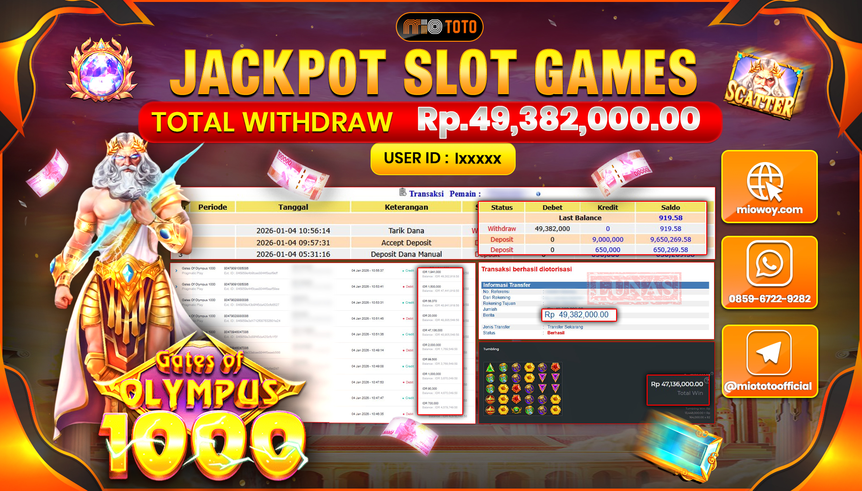 JACKPOT  SLOT GATES OF OLYMPUS 1000 Rp.49,382,000 DI BAYAR TUNAI !!!