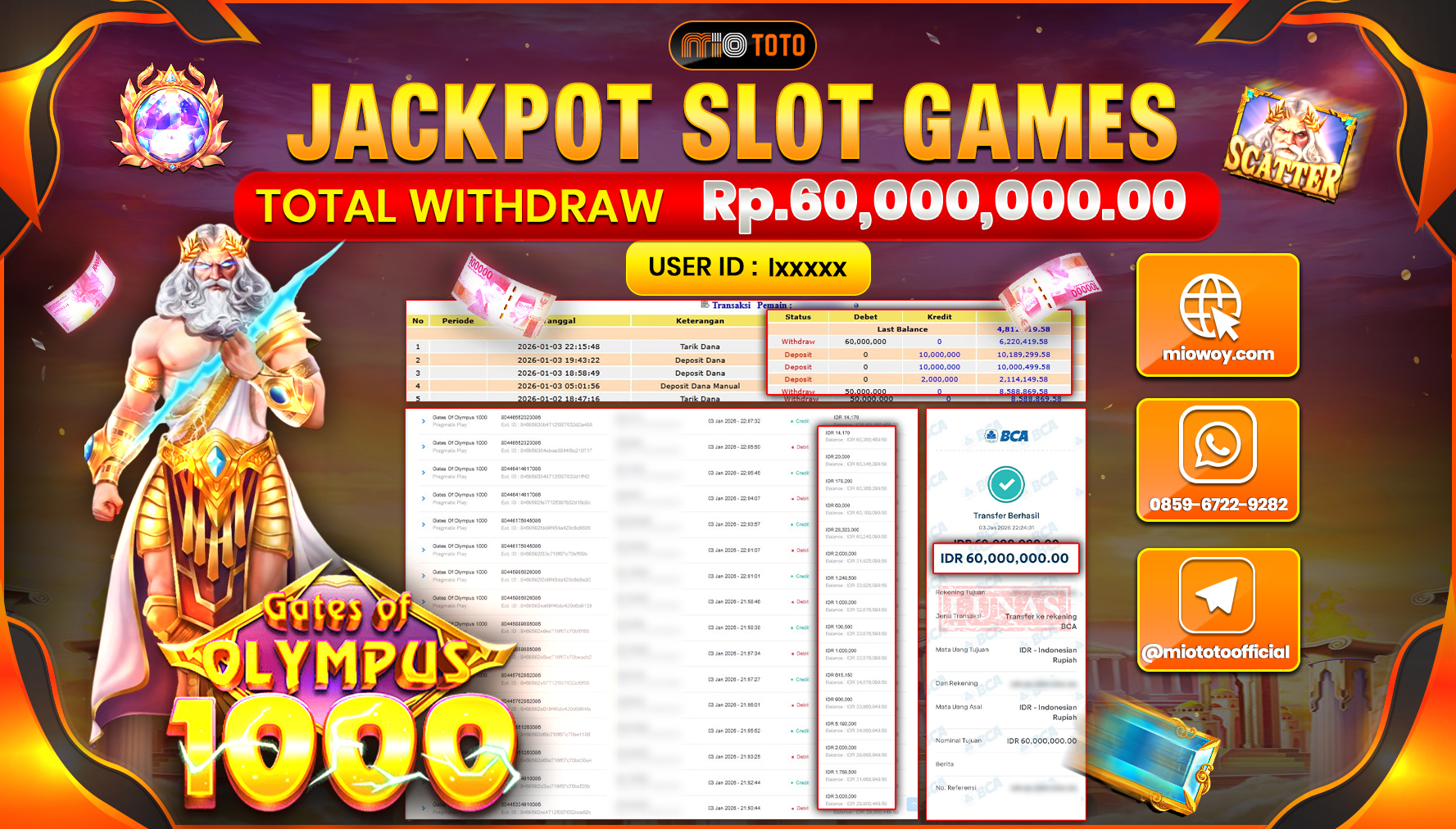 JACKPOT  SLOT GATES OF OLYMPUS 1000 Rp.60,000,000 DI BAYAR TUNAI !!!