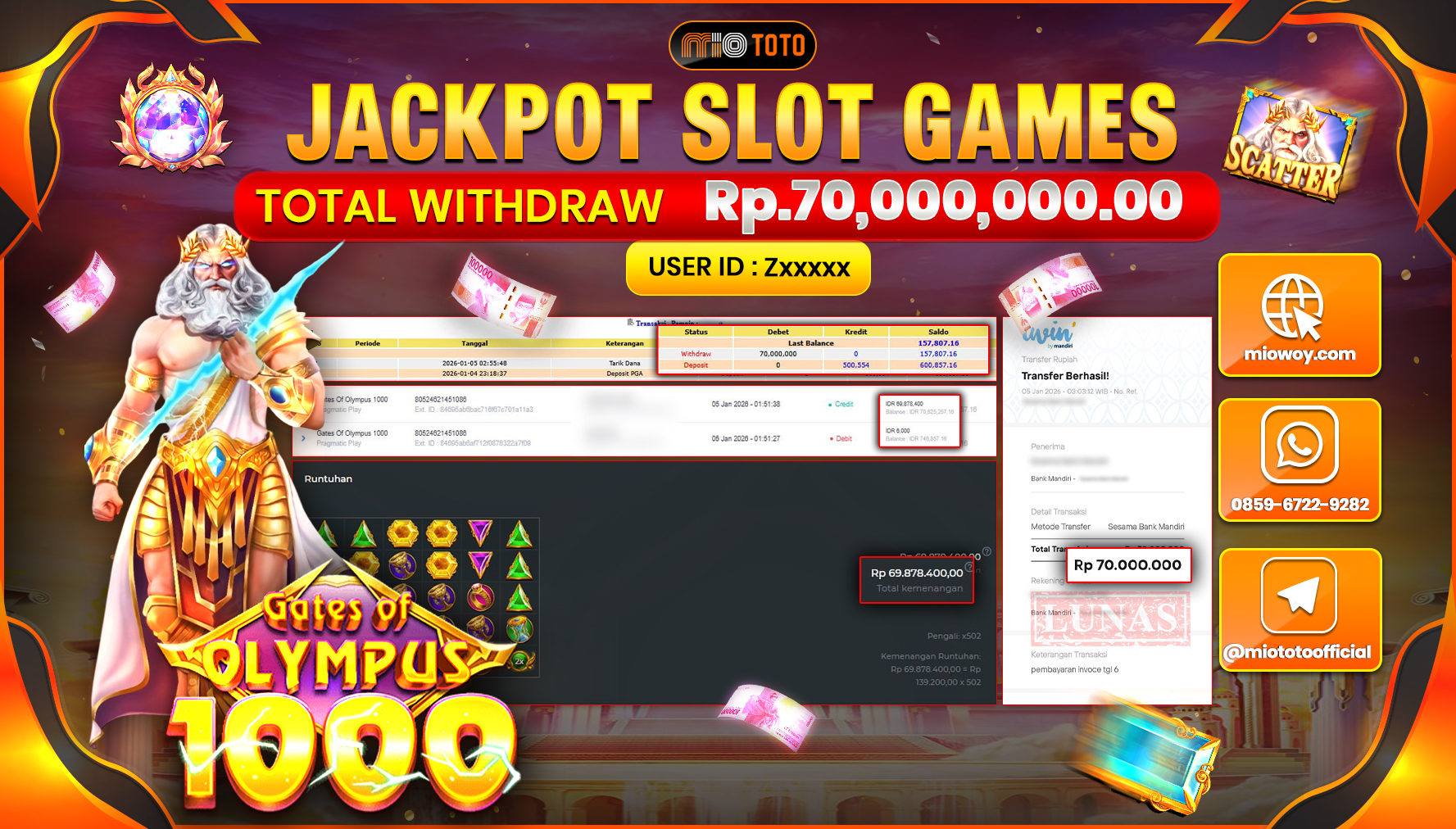 JACKPOT  SLOT GATES OF OLYMPUS 1000 Rp.70,000,000 DI BAYAR TUNAI !!!