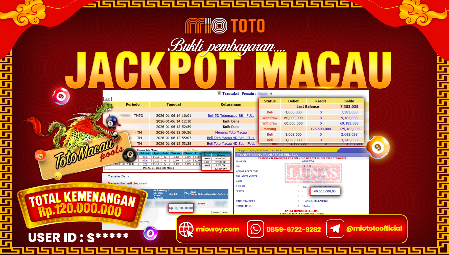 JACKPOT TOGEL TOTO MACAU POOLS 4D Rp.120,000,000 DI BAYAR TUNAI !!!