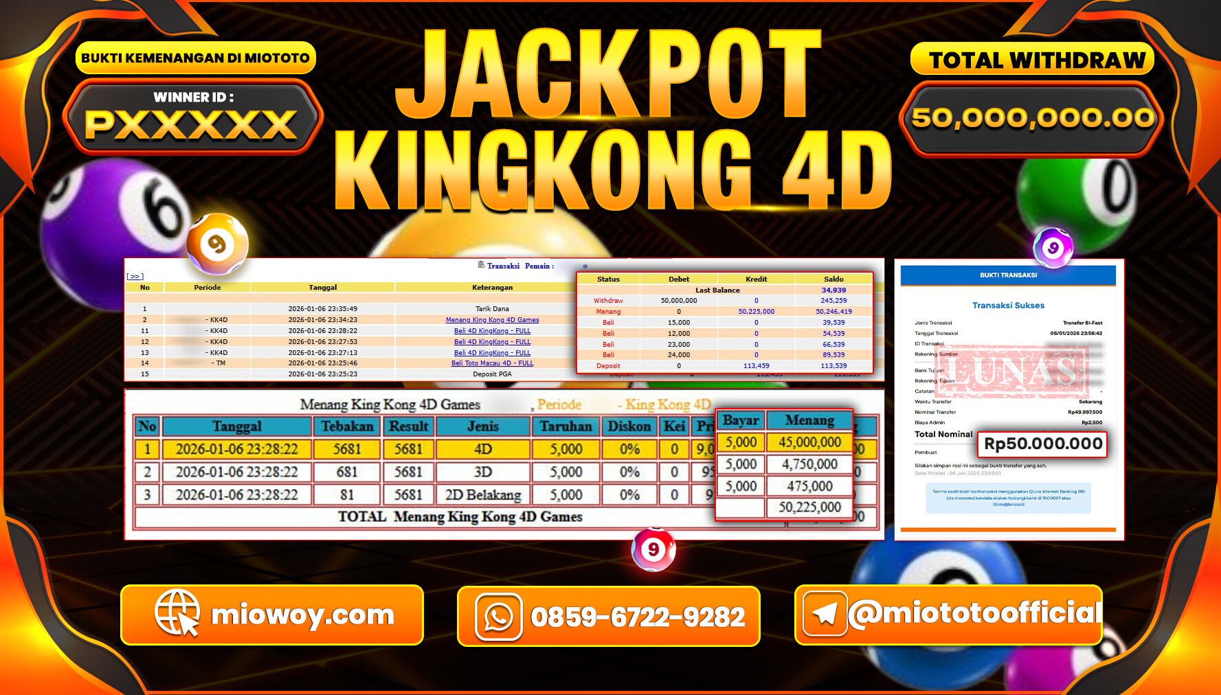 JACKPOT TOGEL KING KONG POOLS 4D Rp.50,000,000 DI BAYAR TUNAI !!!