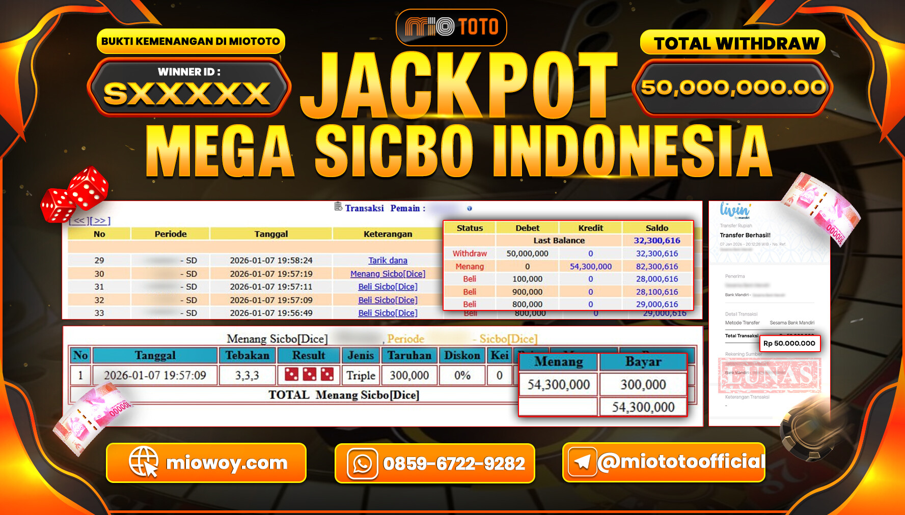 JACKPOT LIVE GAME SICBO DICE Rp.50,000,000 DI BAYAR TUNAI !!!