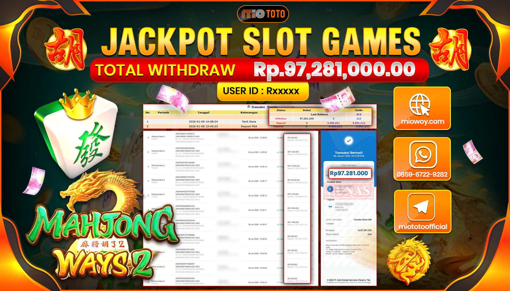 JACKPOT  SLOT MAHYONG WAYS 2 Rp.97,281,000 DI BAYAR TUNAI !!!