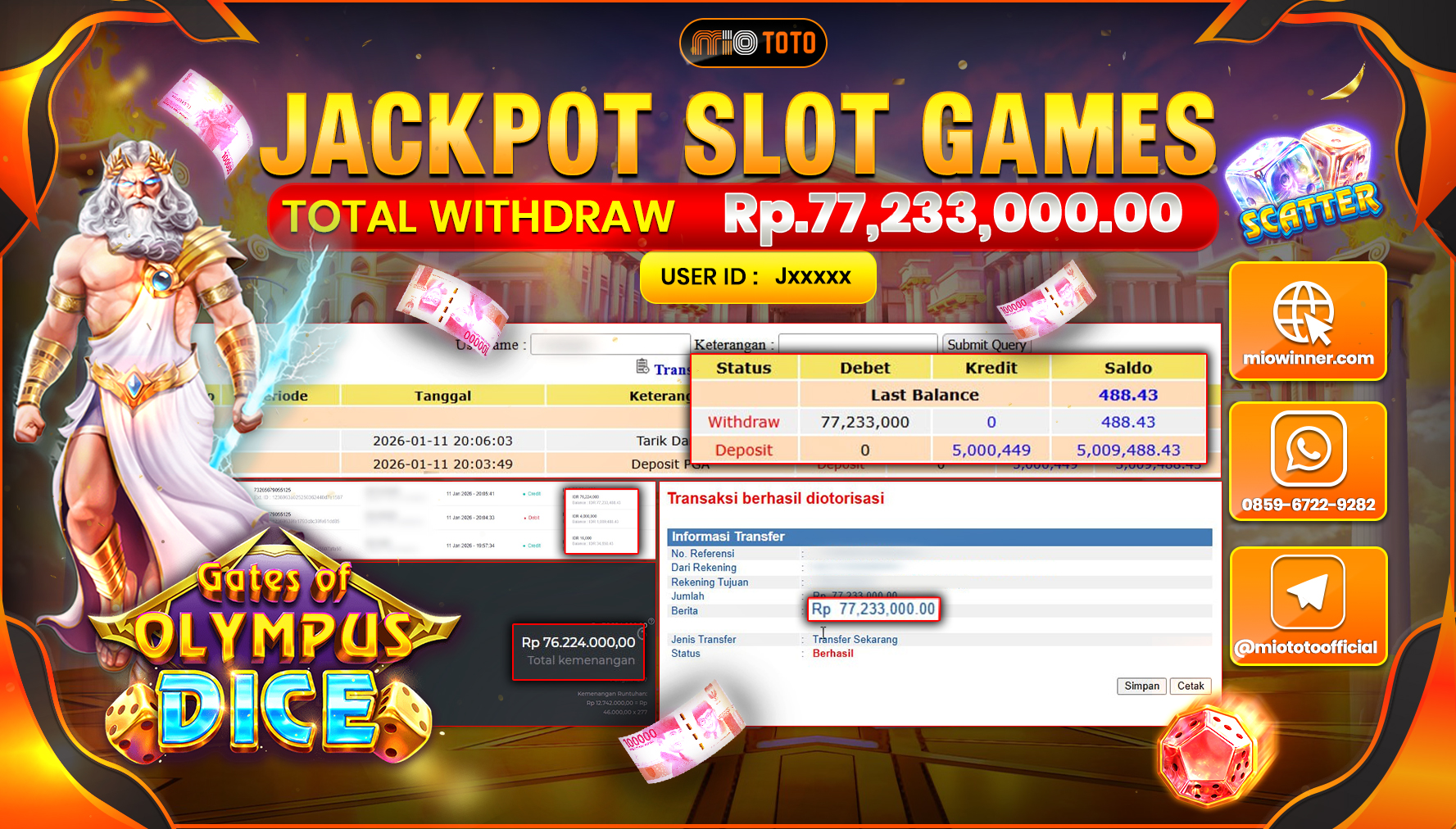 JACKPOT SLOT GATES OF OLYMPUS DICE  Rp.77,233,000 DI BAYAR TUNAI !!!