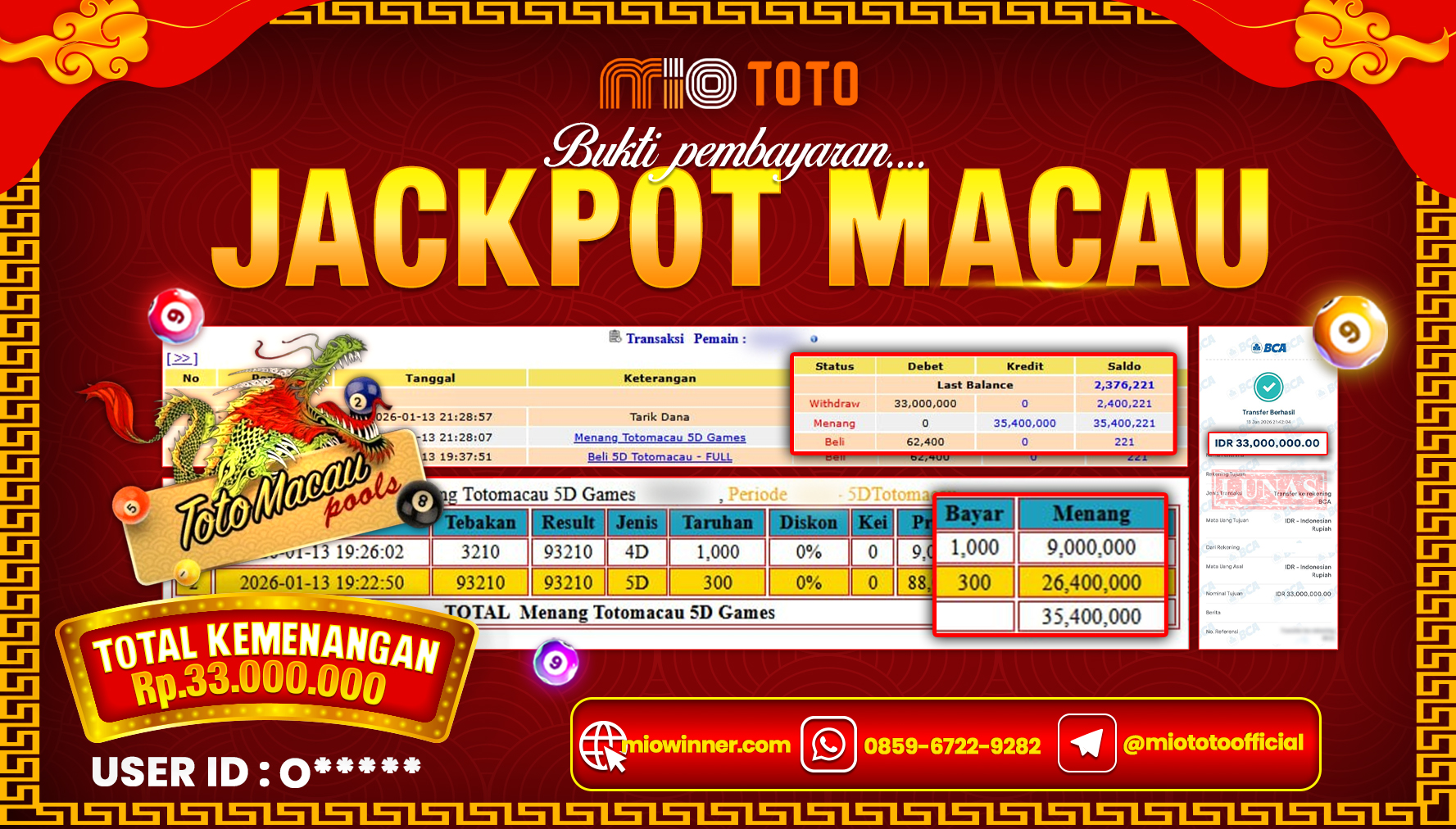 JACKPOT TOGEL TOTO MACAU 4D POOLS Rp.33,000,000 DI BAYAR TUNAI !!!