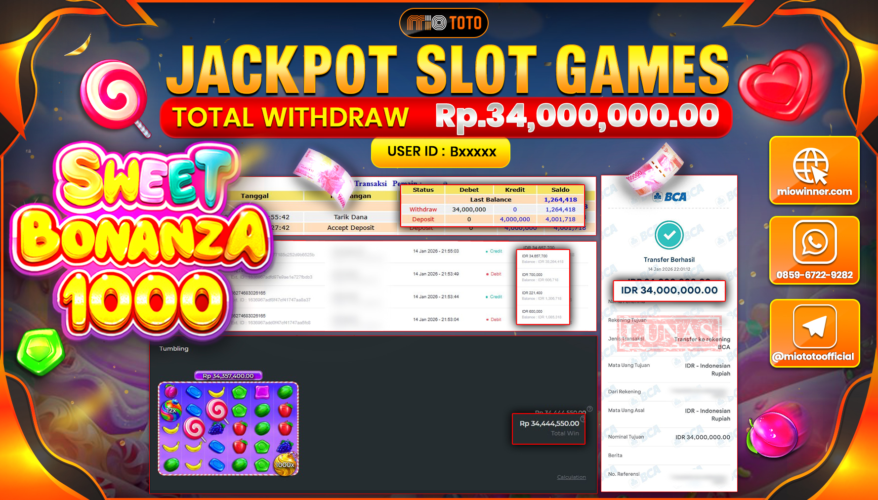 JACKPOT SLOT SWEET BONANZA 1000 Rp.34,000,000 DI BAYAR TUNAI !!!