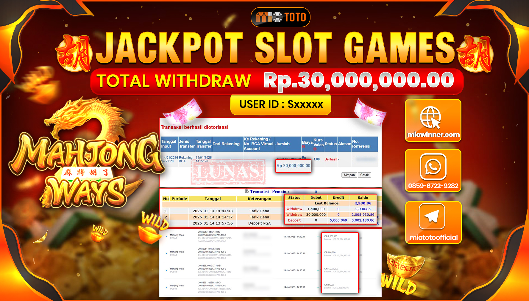 JACKPOT SLOT MAHYONG WAYS Rp.30,000,000 DI BAYAR TUNAI !!!