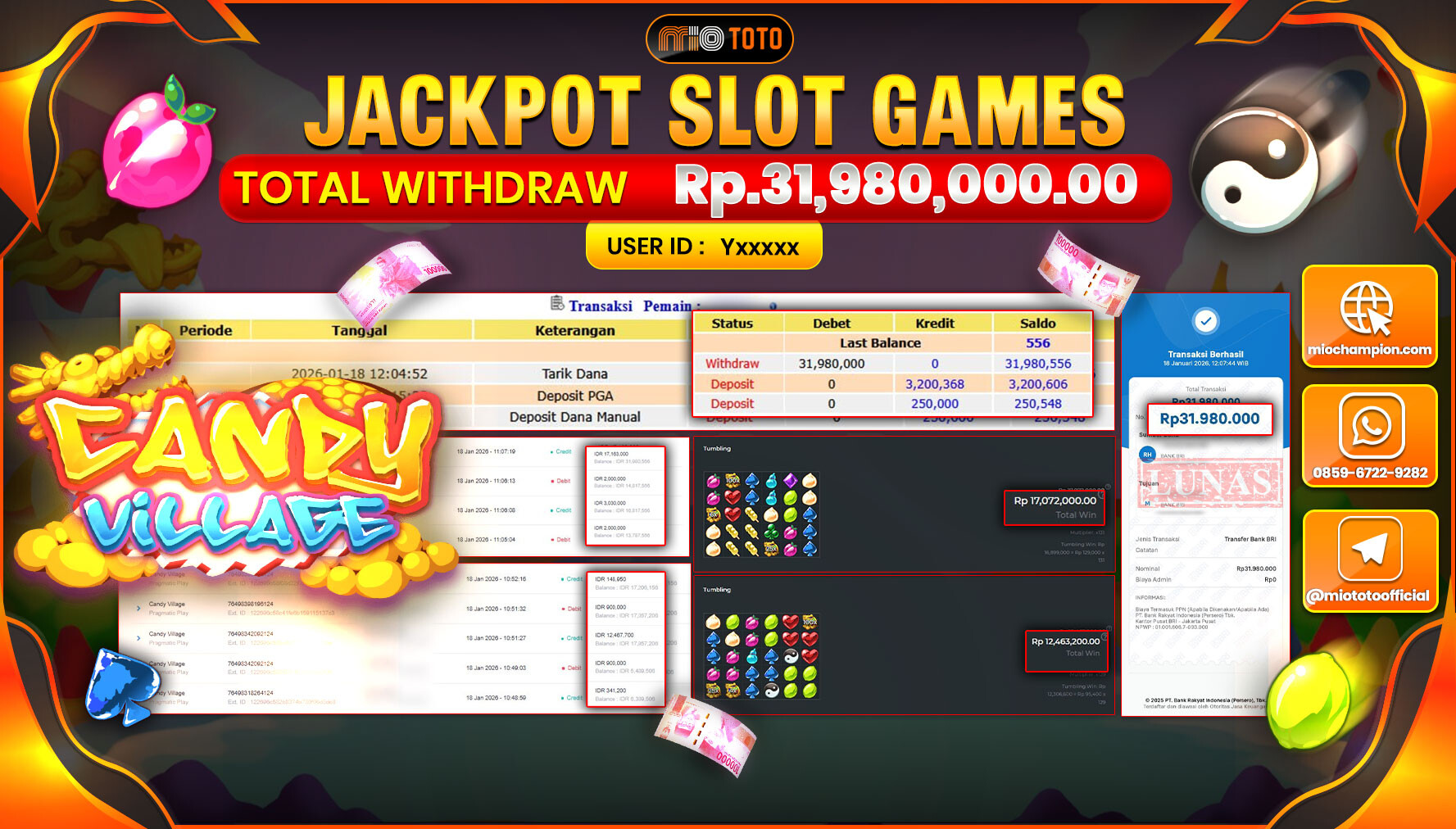 JACKPOT SLOT CANDY VILLAGE Rp.31,980,000 DI BAYAR TUNAI !!!