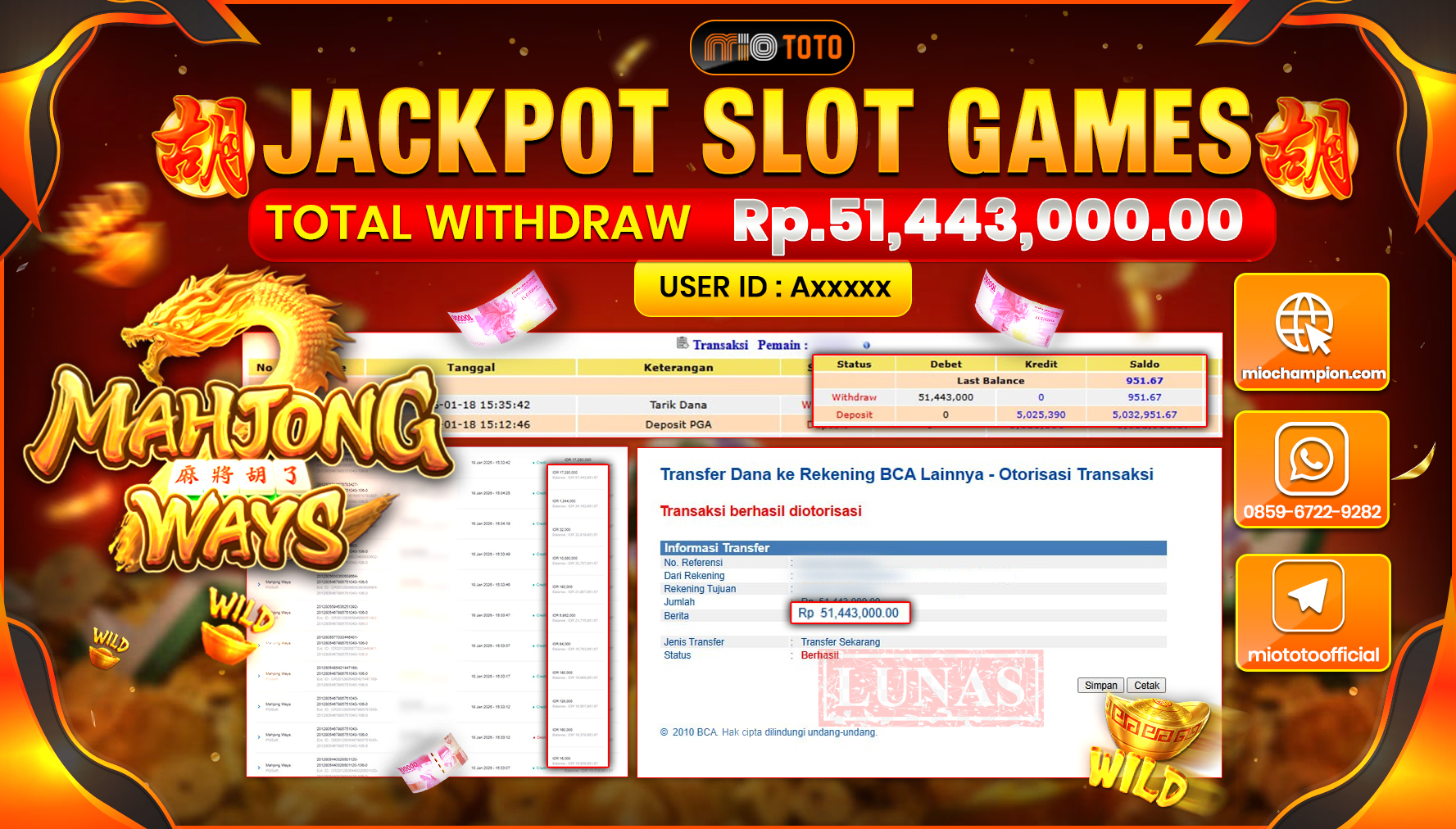JACKPOT SLOT MAHYONG WAYS Rp.51,443,000 DI BAYAR TUNAI !!!