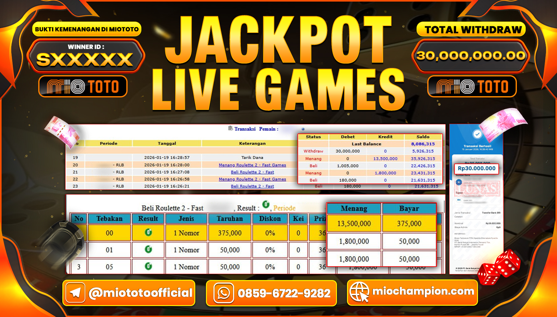 JACKPOT LIVE GAME ROULETTE 2 - FAST Rp.30,000,000 DI BAYAR TUNAI !!!