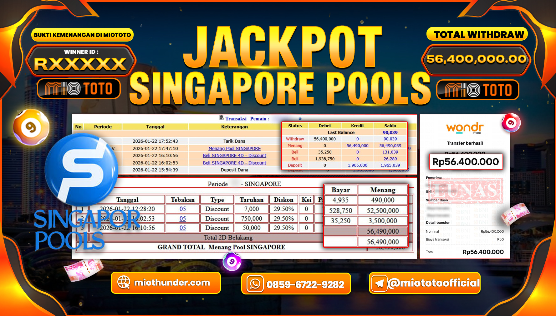 JACKPOT TOGEL SINGAPORE POOLS Rp.56,400,000 DI BAYAR TUNAI !!!