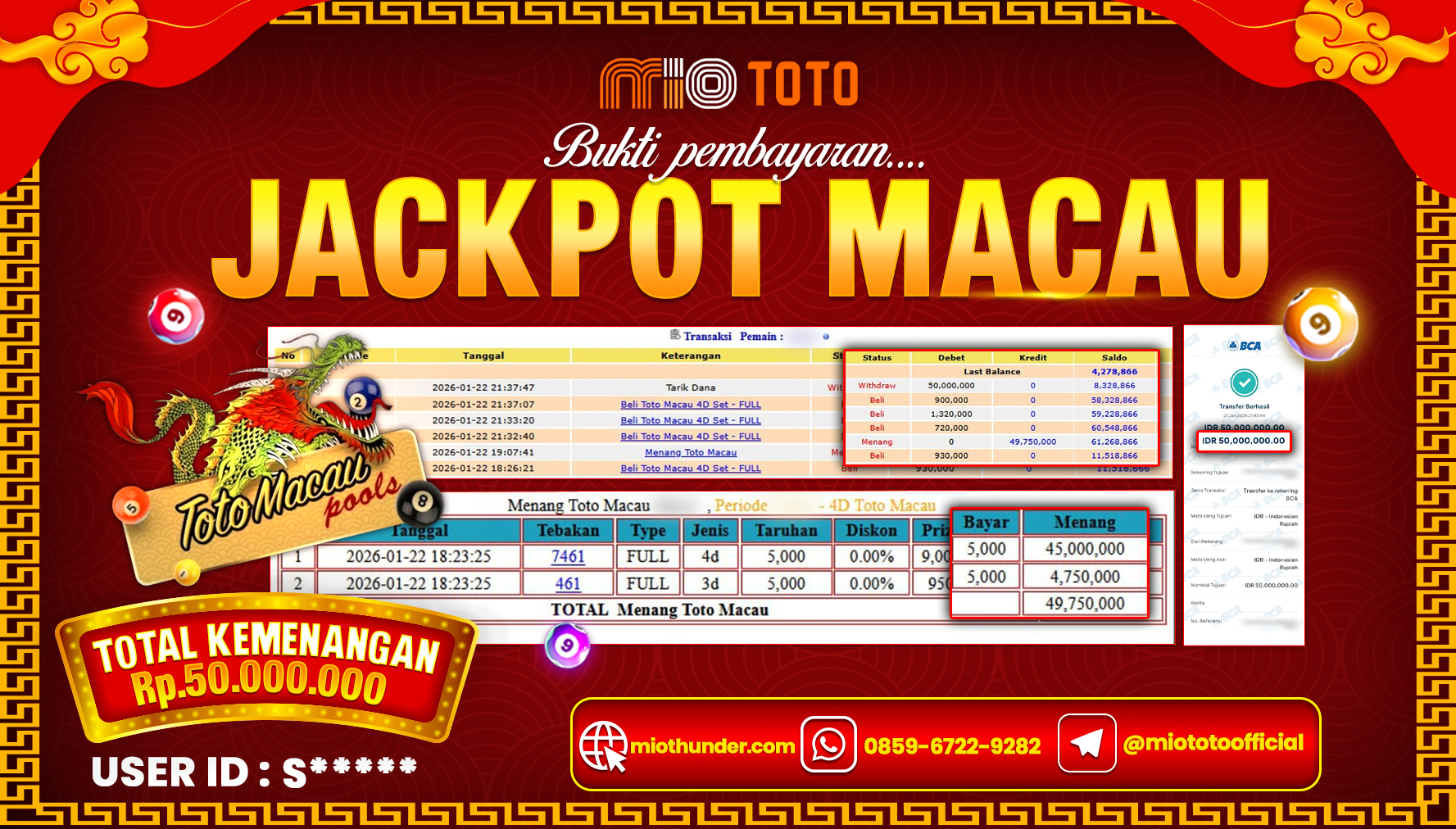 JACKPOT TOGEL TOTO MACAU 4D POOLS Rp.50,000,000 DI BAYAR TUNAI !!!