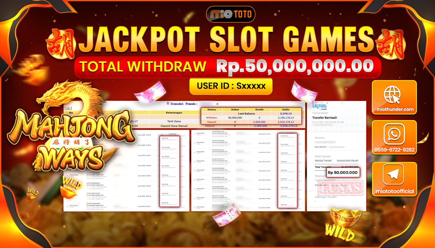 JACKPOT SLOT MAHYONG WAYS Rp.50,000,000 DI BAYAR TUNAI !!!