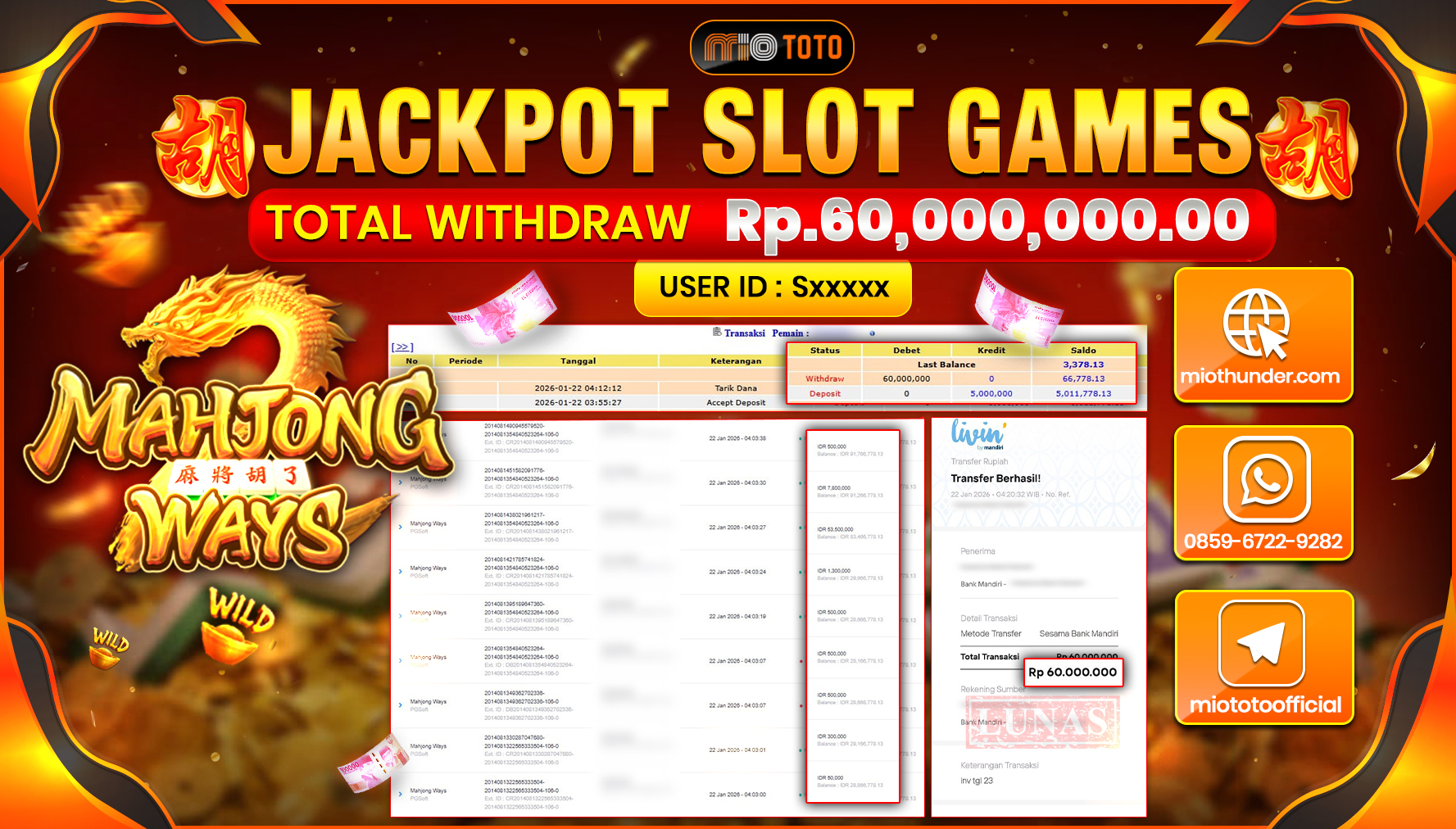 JACKPOT SLOT MAHYONG WAYS Rp.60,000,000 DI BAYAR TUNAI !!!