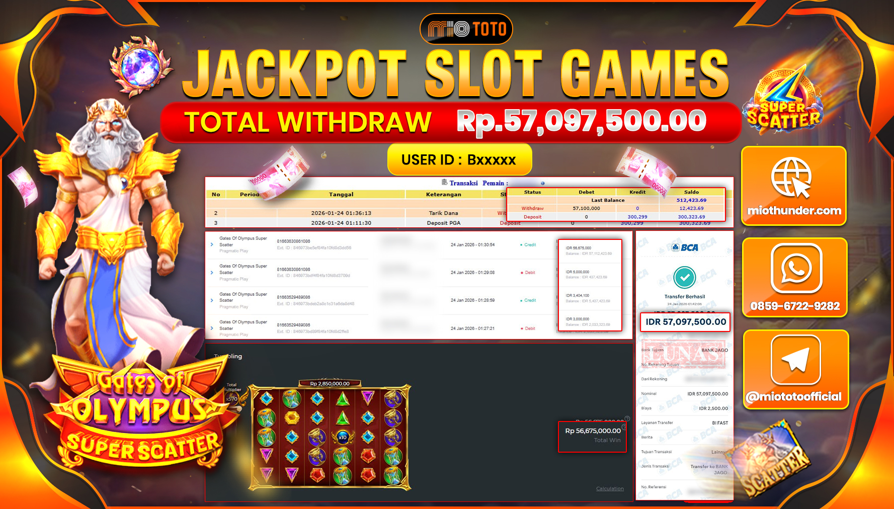 JACKPOT SLOT GATES OF OLYMPUS SUPER SCATTER Rp.57,097,500 DI BAYAR TUNAI !!!