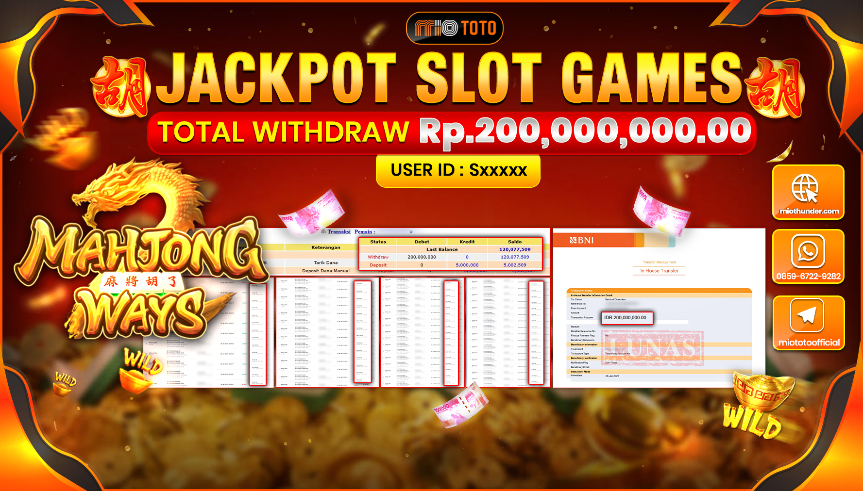 JACKPOT SLOT MAHYONG WAYS Rp.200,000,000 DI BAYAR TUNAI !!!