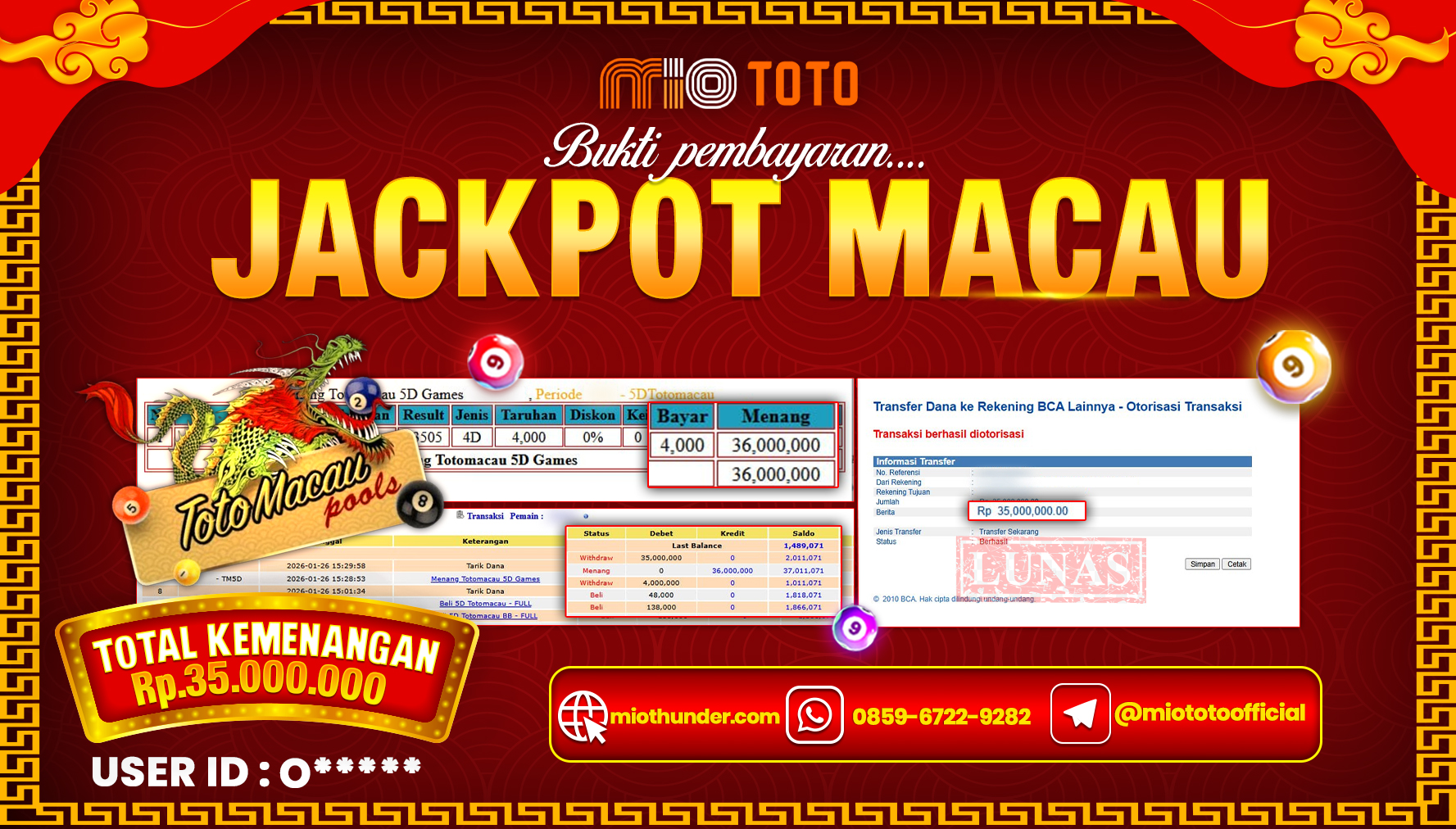 JACKPOT TOGEL TOTO MACAU 4D POOLS Rp.35,000,000 DI BAYAR TUNAI !!!