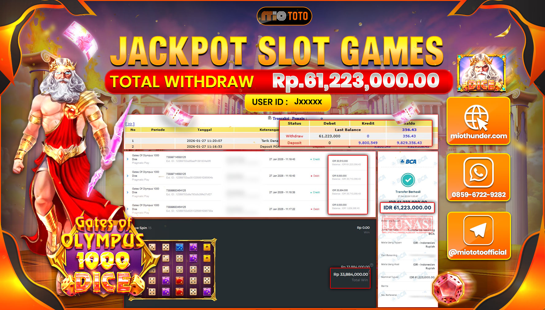 JACKPOT SLOT GATE OF OLMYPUS DICE 1000 Rp.61,223,000 DI BAYAR TUNAI !!!