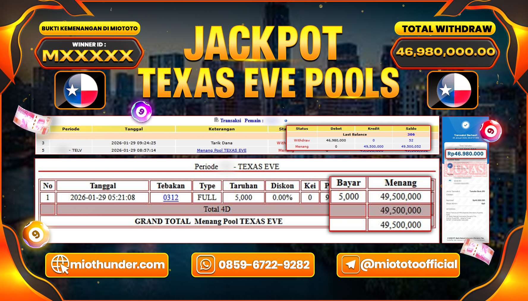 JACKPOT TOGEL TEXAS EVE POOLS Rp.46,980,000 DI BAYAR TUNAI !!!