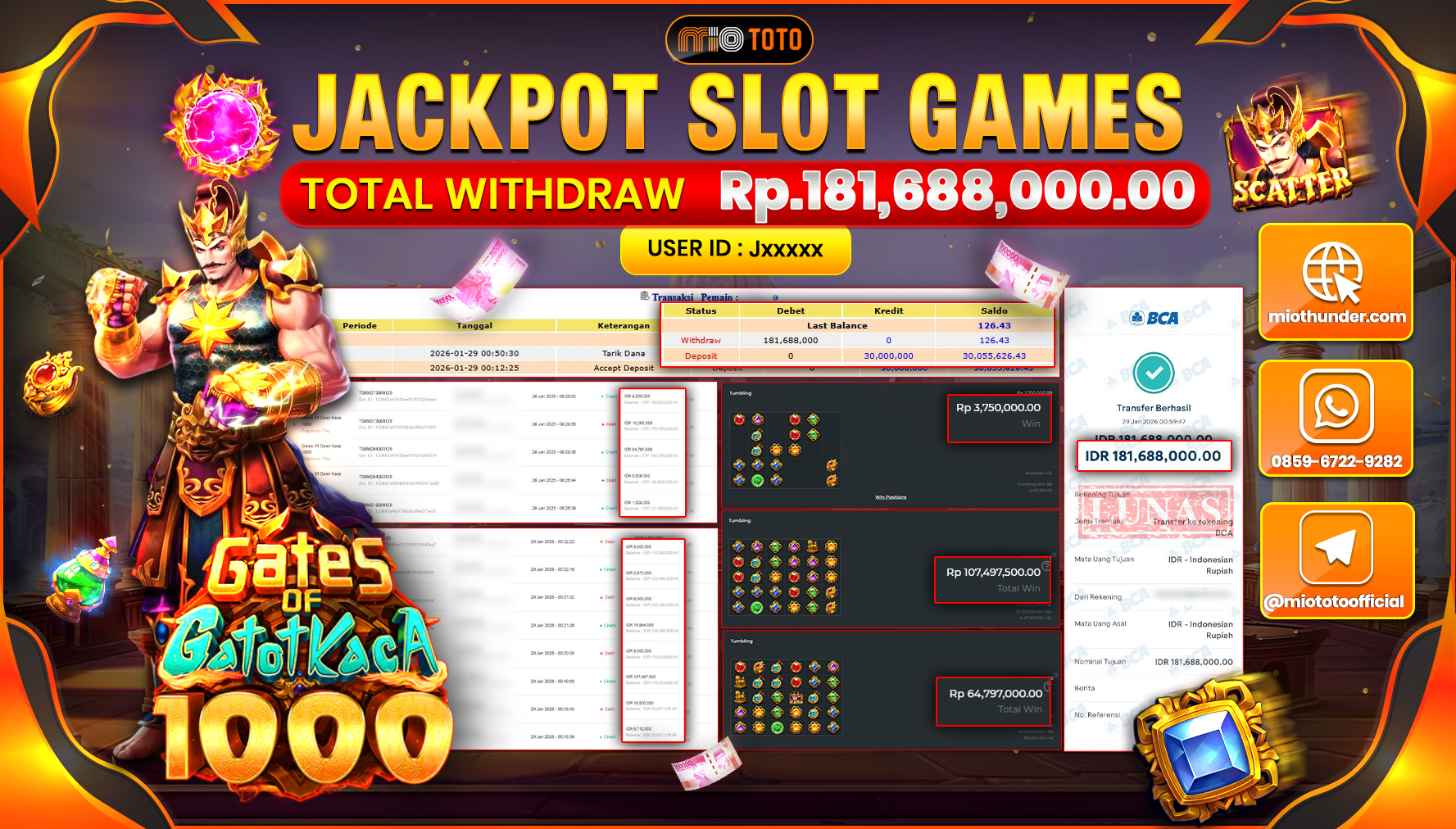 JACKPOT SLOT GATES OF GATOT KACA 1000 Rp.181,688,000 DI BAYAR TUNAI !!!
