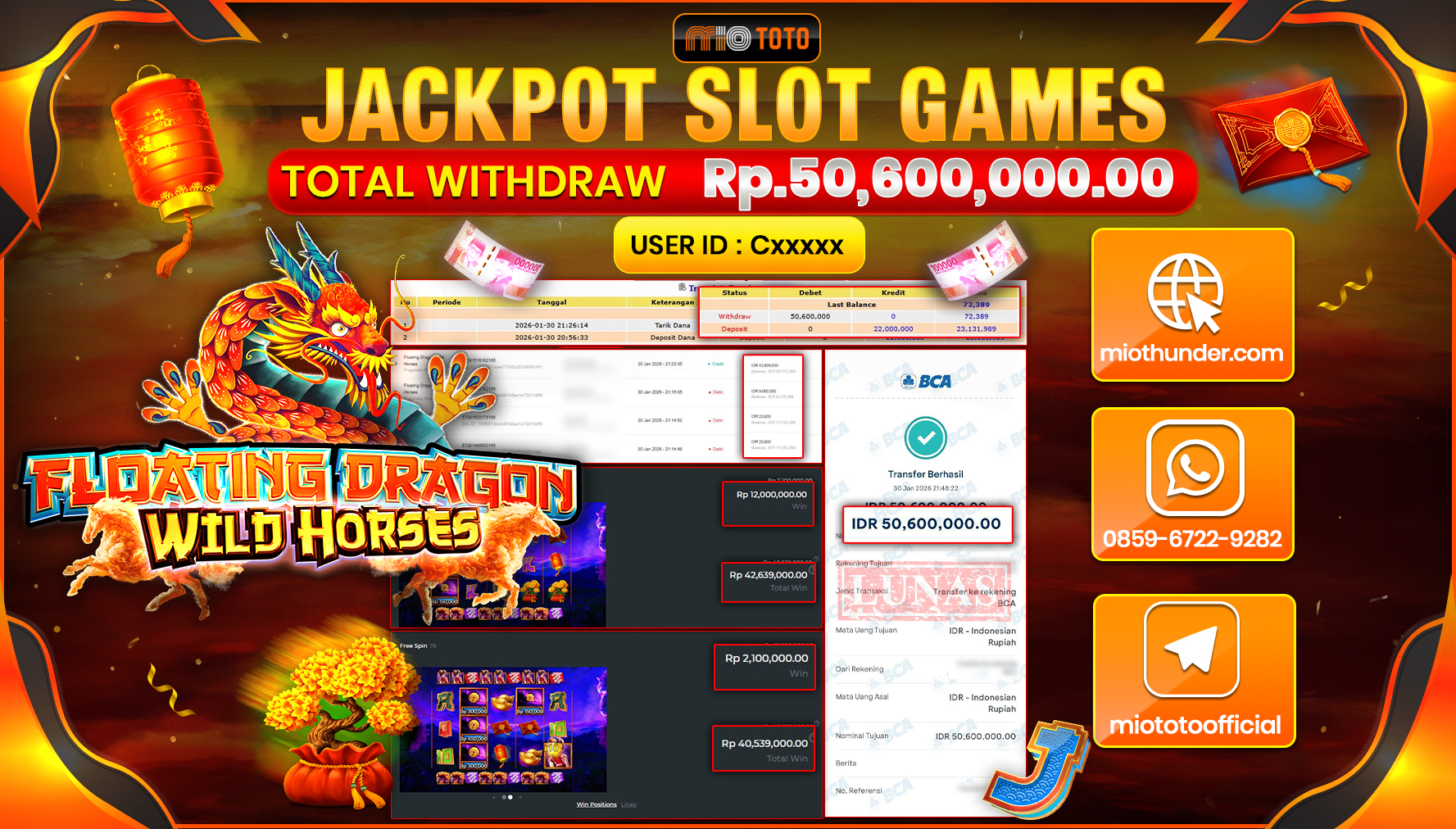 JACKPOT SLOT FLOATING DRAGON WILD HORSES Rp.50,600,000 DI BAYAR TUNAI !!!