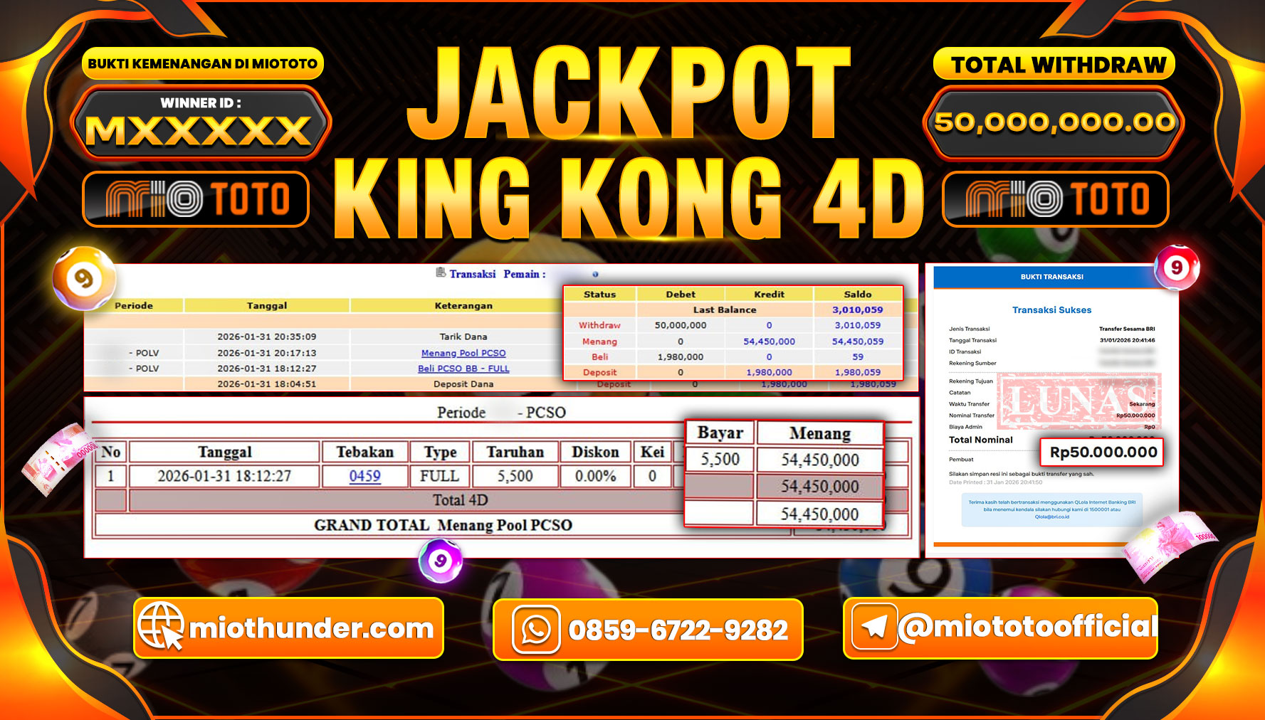 JACKPOT TOGEL KING KONG 4D POOLS Rp.50,000,000 DI BAYAR TUNAI !!!