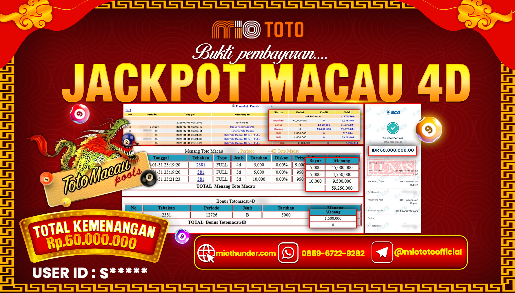 JACKPOT TOGEL TOTO MACAU 4D POOLS Rp.60,000,000 DI BAYAR TUNAI !!!