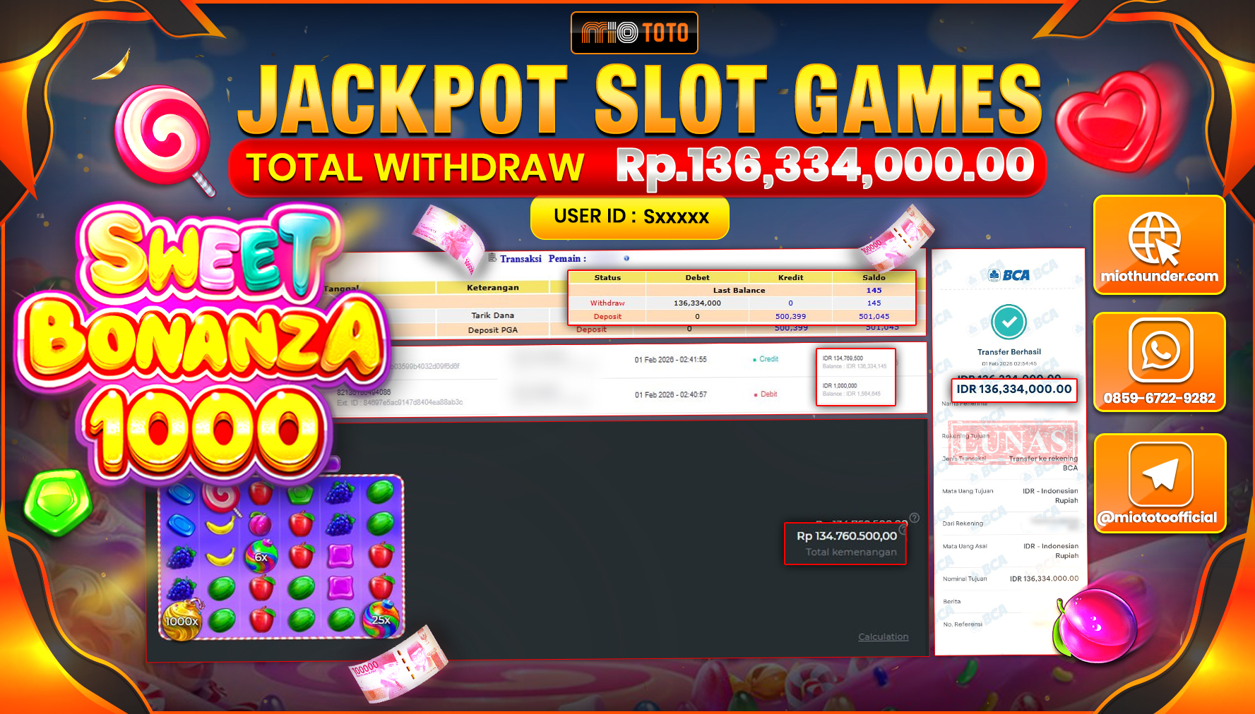JACKPOT SLOT SWEET BONANZA 1000 Rp.136,334,000 DI BAYAR TUNAI !!!