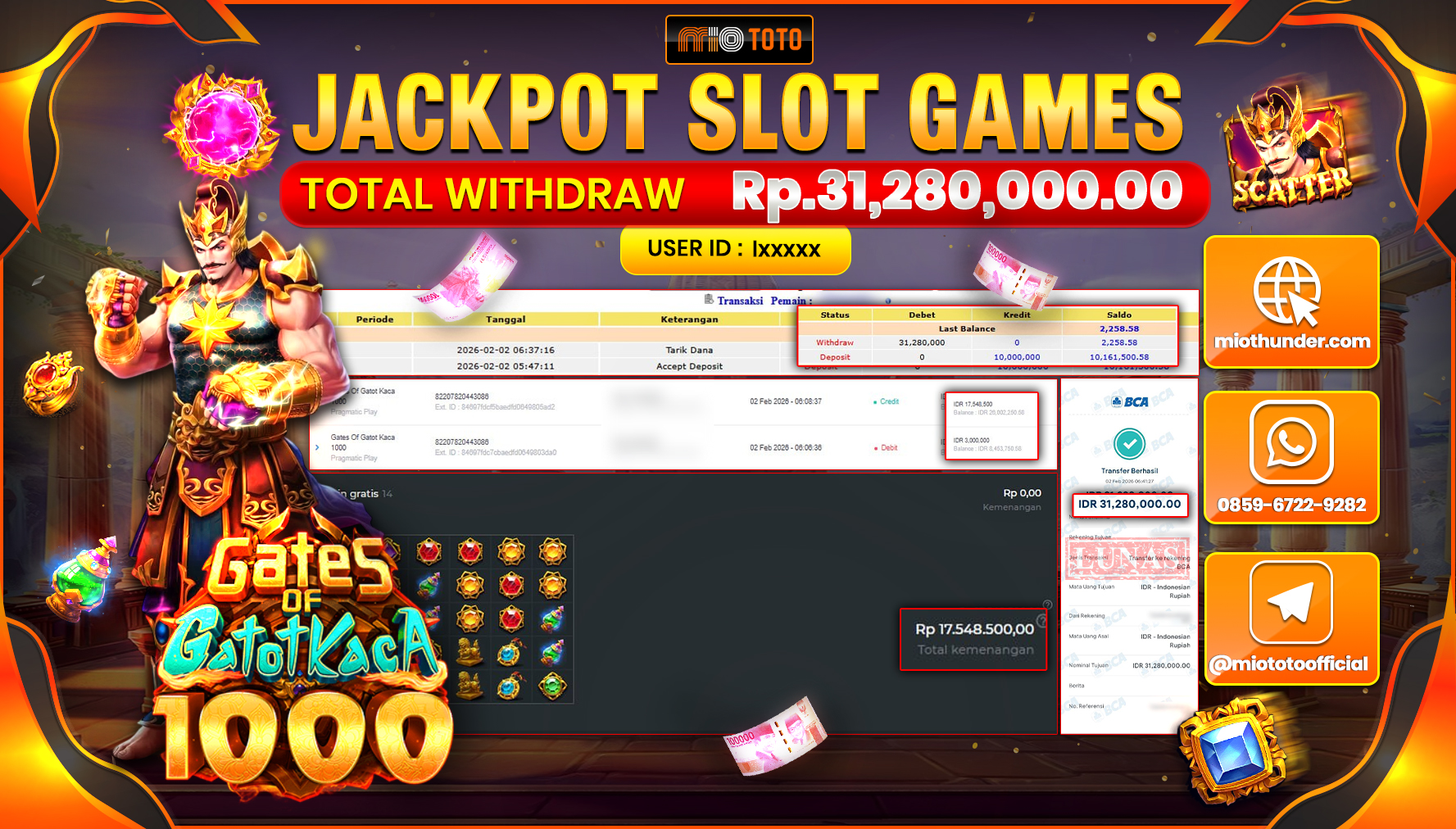 JACKPOT SLOT GATES OF GATOT KACA 1000 Rp.31,280,000 DI BAYAR TUNAI !!!