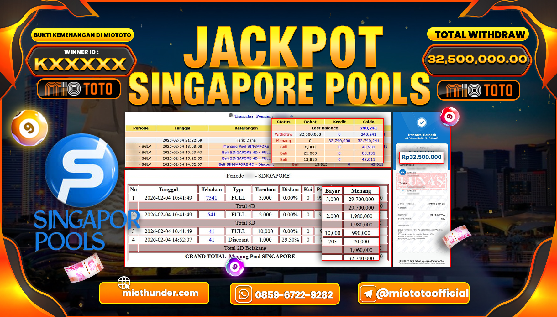 JACKPOT TOGEL SINGAPORE POOLS Rp.32,500,000 DI BAYAR TUNAI !!!