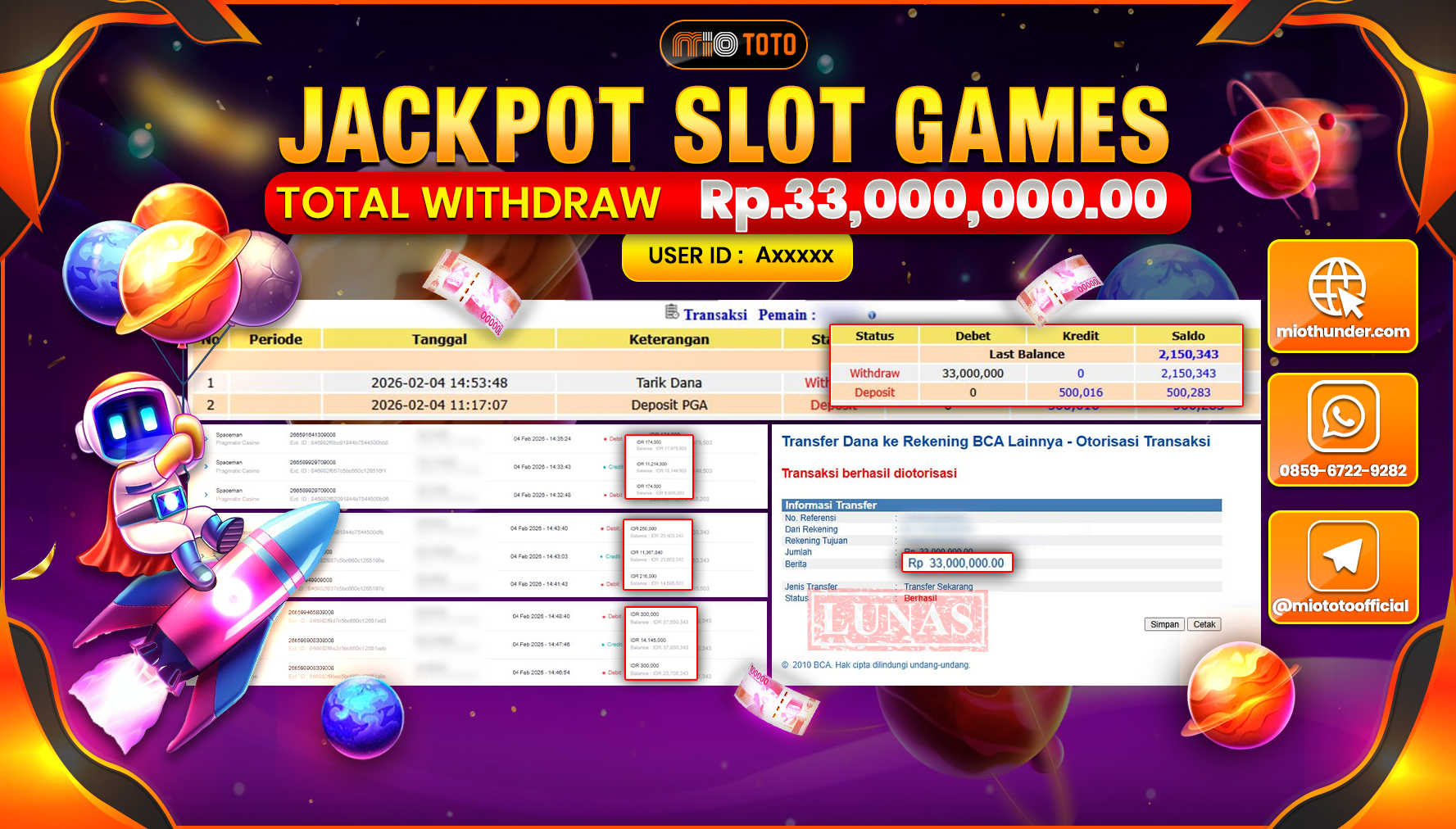 JACKPOT SLOT SPACEMAN Rp.33,000,000 DI BAYAR TUNAI !!!