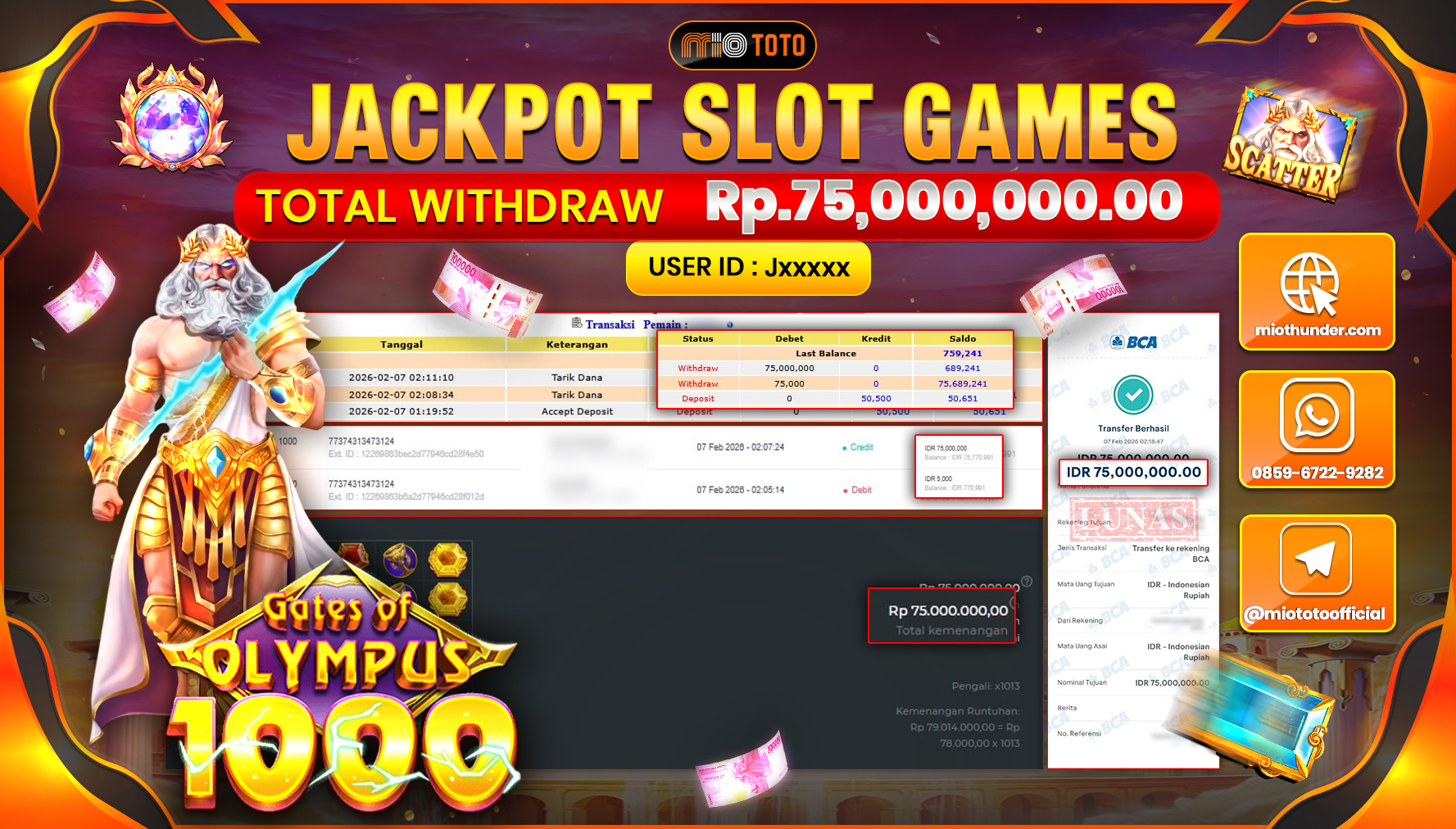 JACKPOT SLOT GATES OF OLYMPUS 1000 Rp.75,000,000 DI BAYAR TUNAI !!!