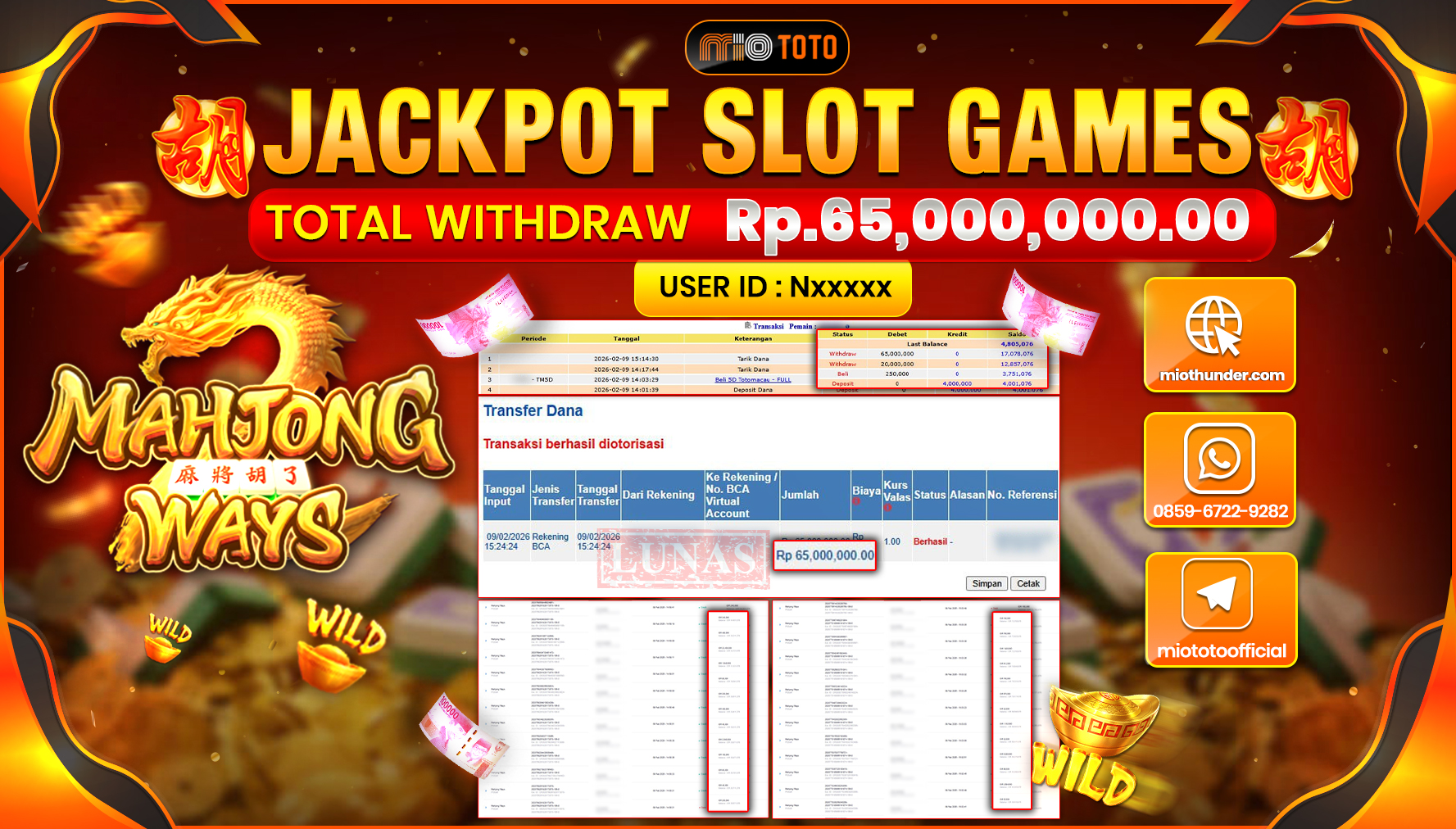JACKPOT SLOT MAHYONG WAYS Rp.65,000,000 DI BAYAR TUNAI !!!