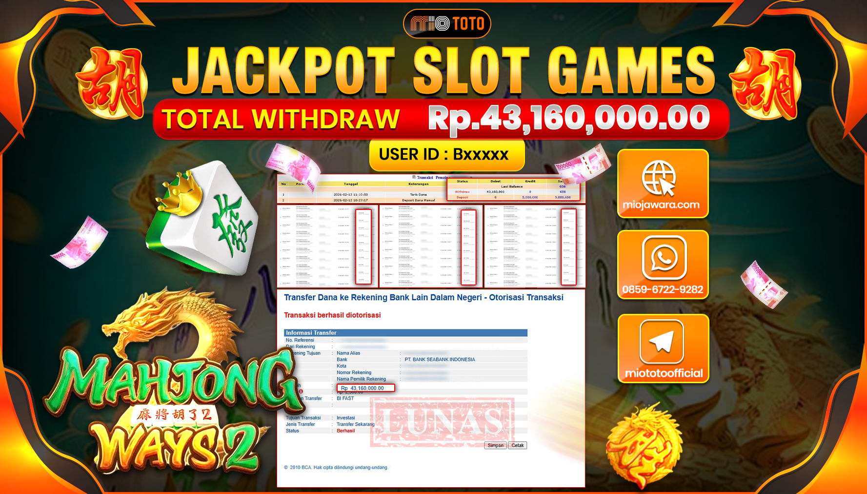 JACKPOT SLOT MAHYONG WAYS 2 Rp.43,160,000 DI BAYAR TUNAI !!!