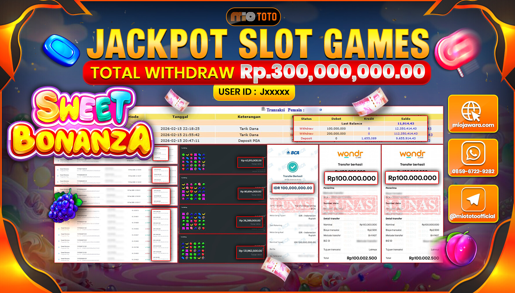JACKPOT SLOT SWEET BONANZA Rp.300,000,000 DI BAYAR TUNAI !!!