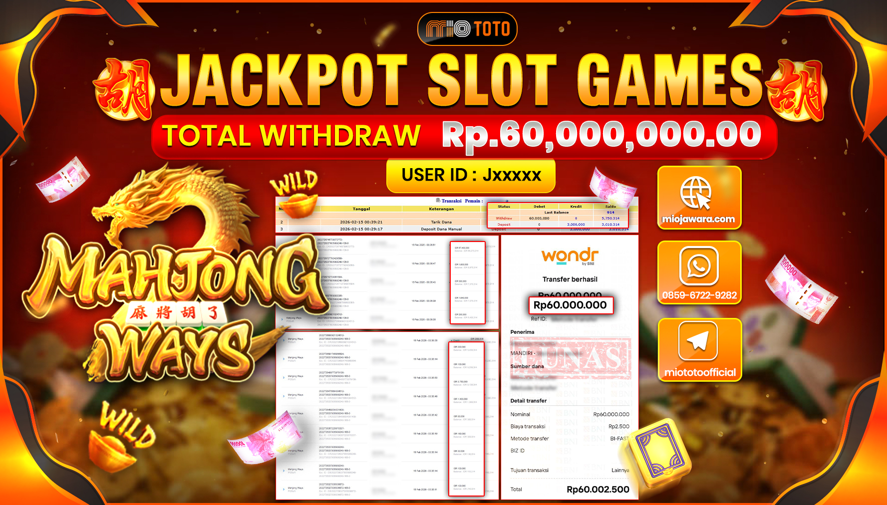 JACKPOT SLOT MAHYONG WAYS Rp.60,000,000 DI BAYAR TUNAI !!!