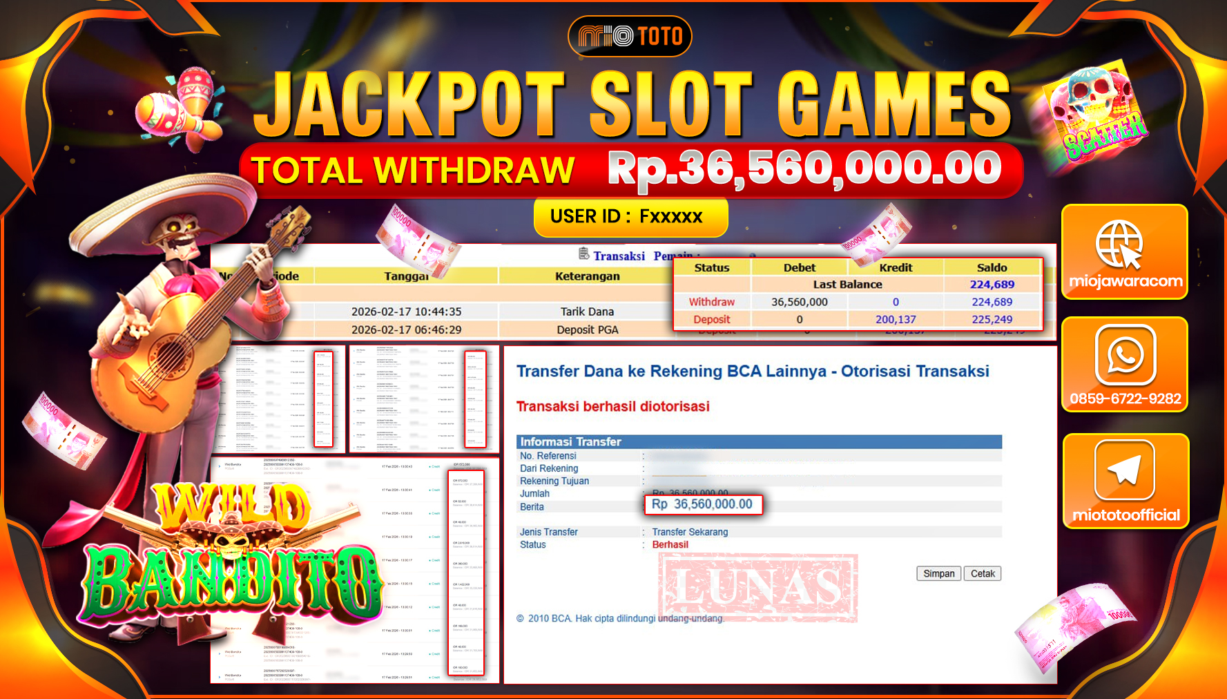 JACKPOT SLOT WILD BANDITO Rp.36,560,000 DI BAYAR TUNAI !!!