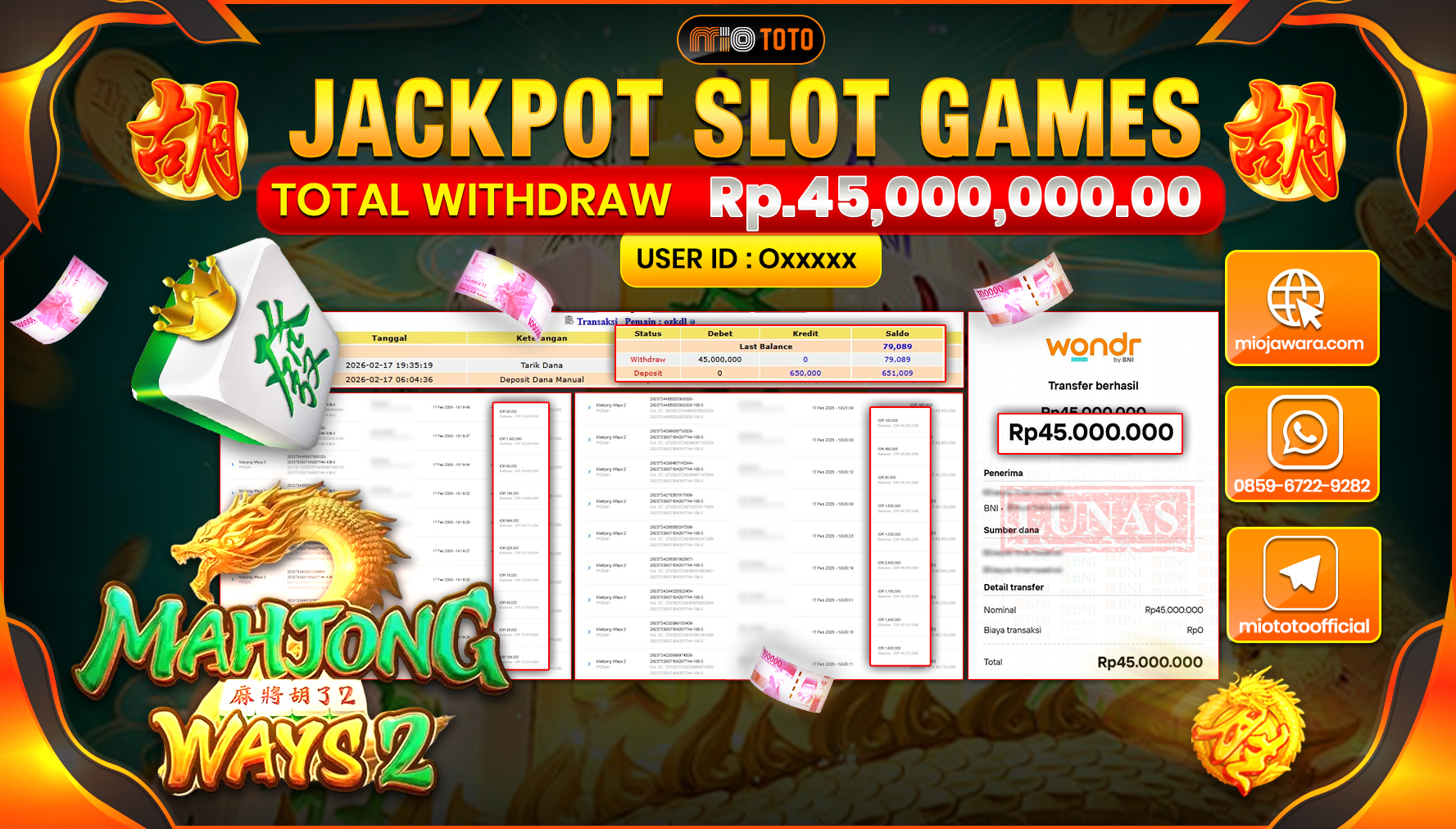 JACKPOT SLOT MAHYONG WAYS 2 Rp.45,000,000 DI BAYAR TUNAI !!!