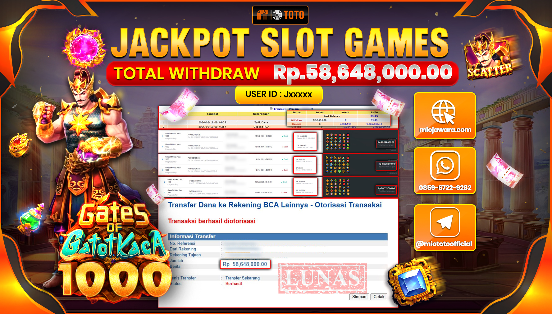 JACKPOT SLOT GATES OF GATOT KACA 1000 Rp.58,648,000 DI BAYAR TUNAI !!!