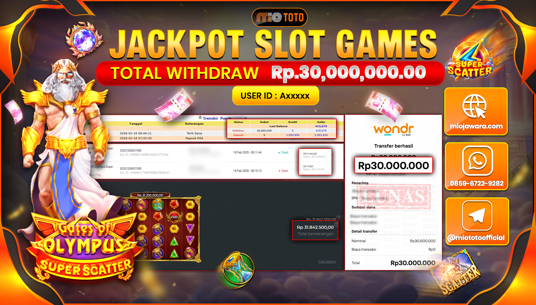 JACKPOT SLOT GATES OF OLYMPUS SUPER SCATTER Rp.30,000,000 DI BAYAR TUNAI !!!