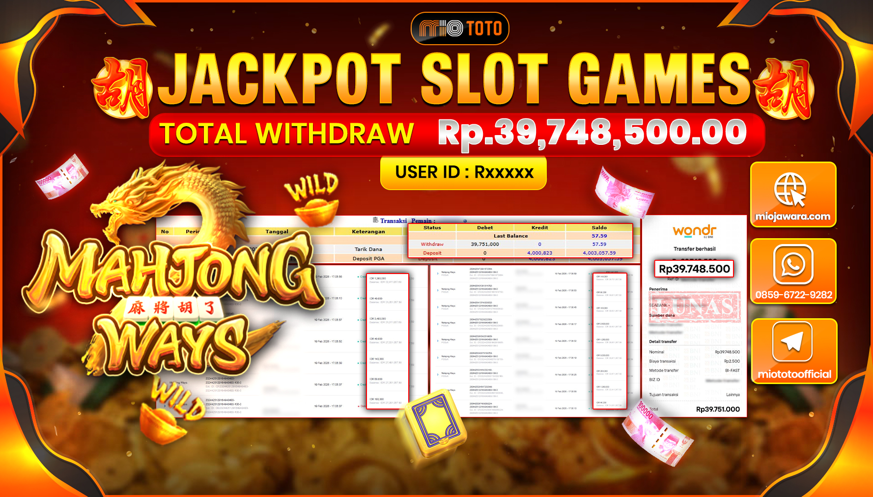JACKPOT SLOT MAHYONG WAYS Rp.39,748,500 DI BAYAR TUNAI !!!