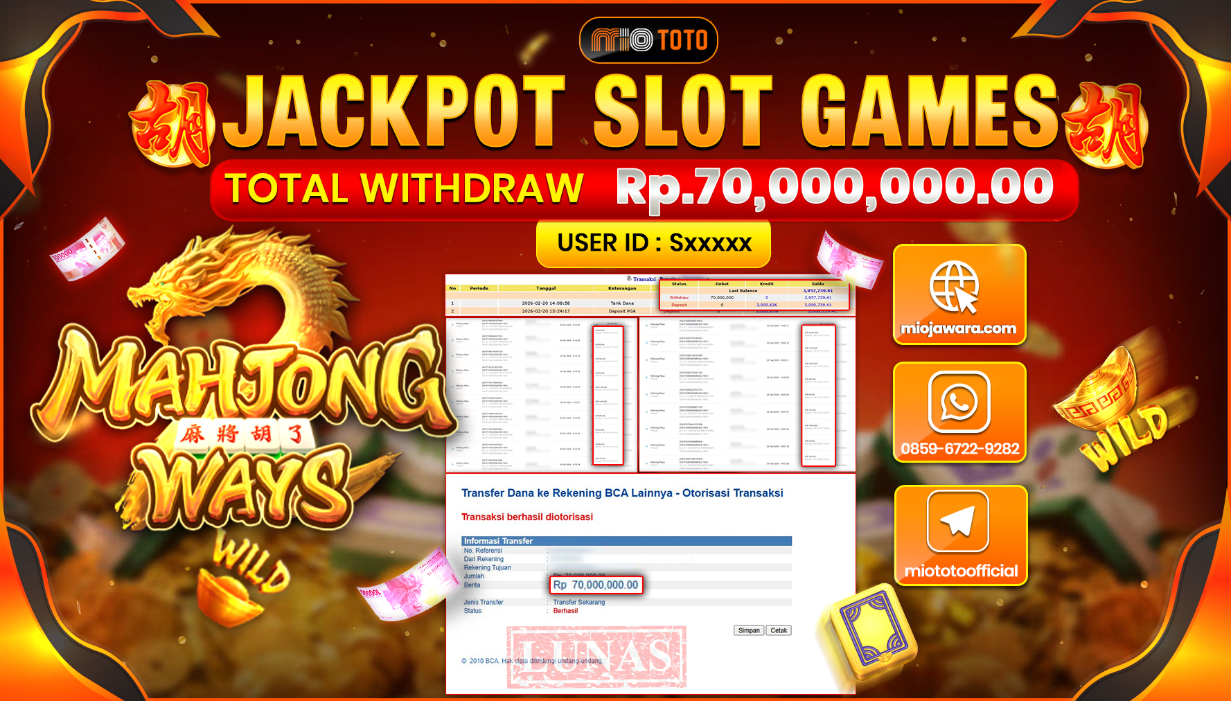 JACKPOT SLOT MAHYONG WAYS Rp.70,000,000 DI BAYAR TUNAI !!!