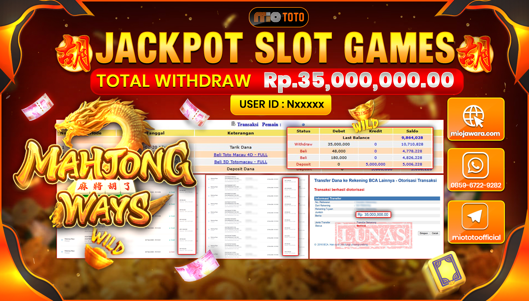 JACKPOT SLOT MAHYONG WAYS Rp.35,000,000 DI BAYAR TUNAI !!!