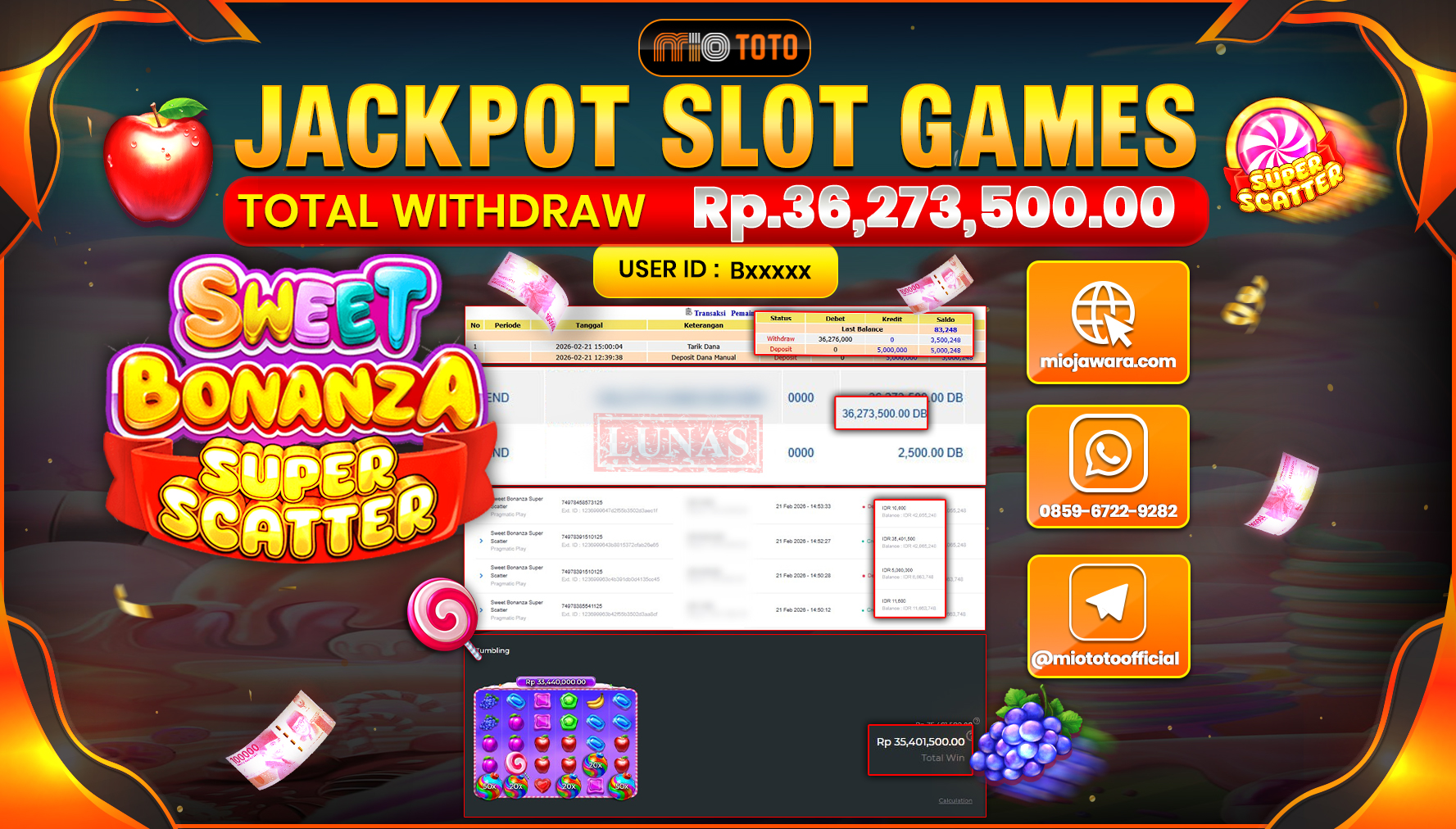 JACKPOT SLOT SWEET BONANZA SUPER SCATTER Rp.36,273,500 DI BAYAR TUNAI !!!