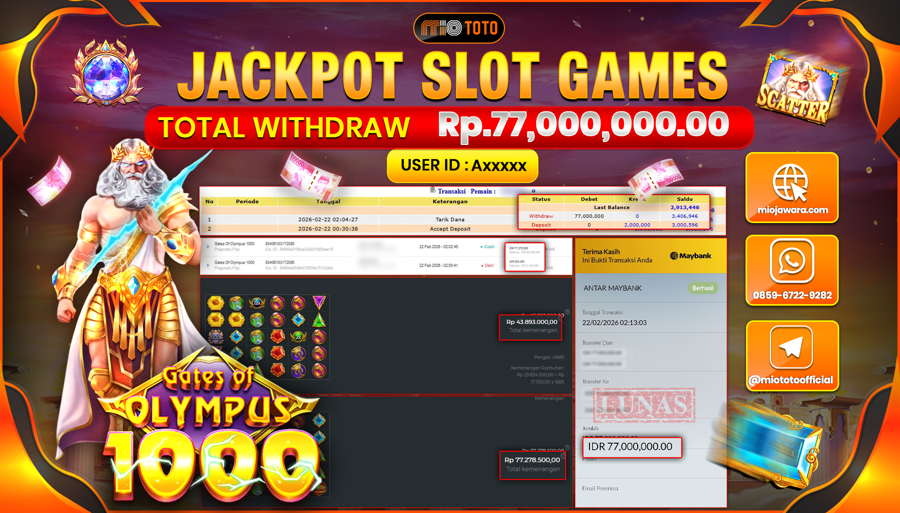 JACKPOT SLOT GATES OF OLYMPUS 1000 Rp.77,000,000 DI BAYAR TUNAI !!!