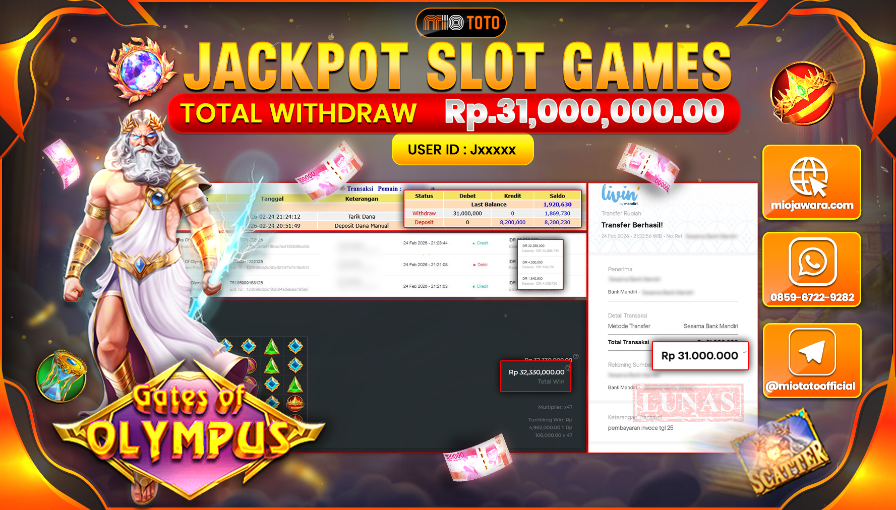 JACKPOT SLOT GATES OF OLYMPUS Rp.31,000,000 DI BAYAR TUNAI !!!