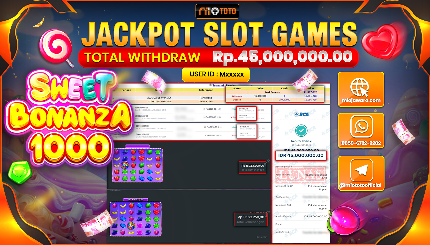 JACKPOT SLOT SWEET BONANZA 1000 Rp.45,000,000 DI BAYAR TUNAI !!!