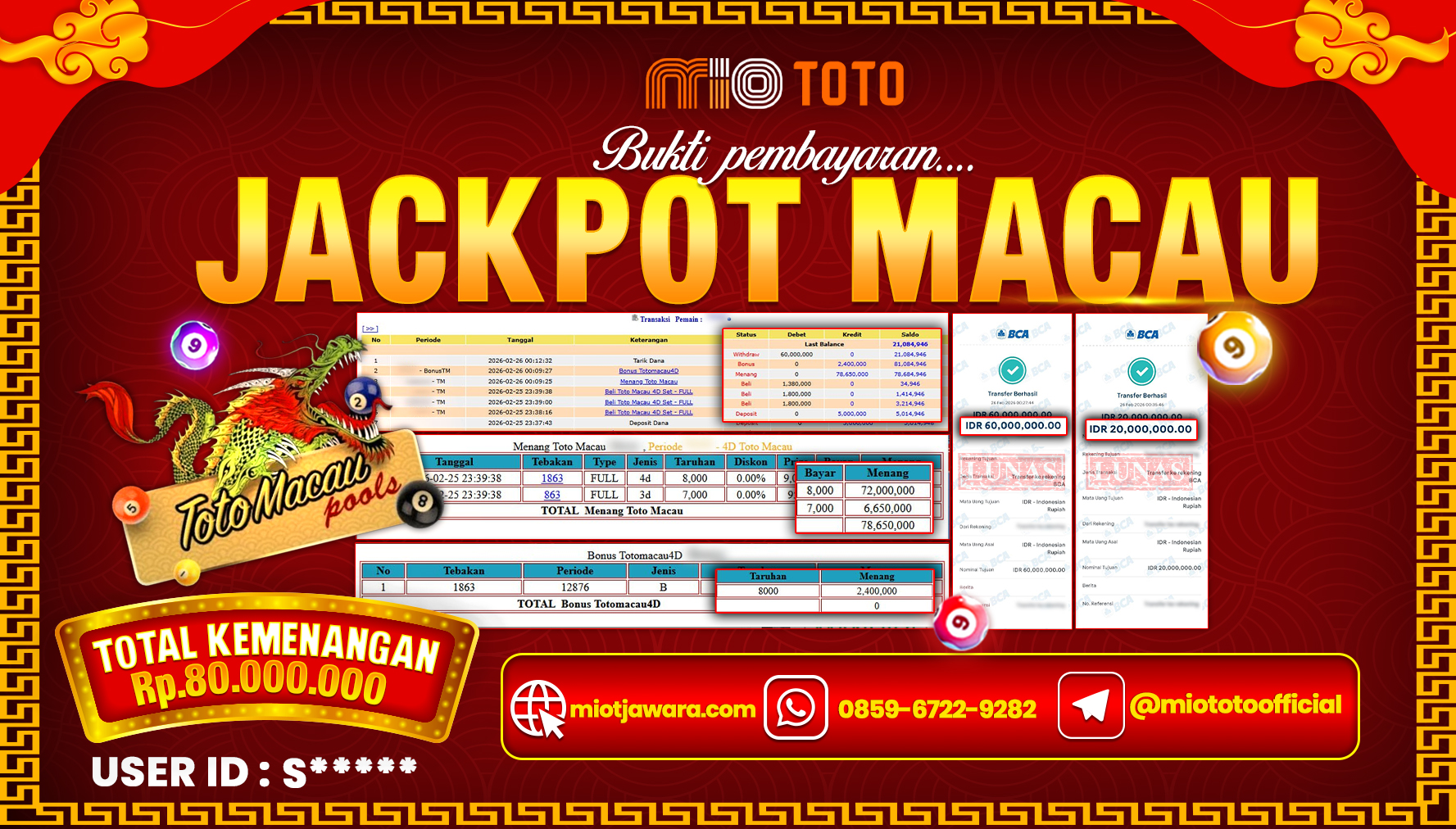 JACKPOT TOGEL TOTOMACAU POOLS 4D Rp.80,000,000 DI BAYAR TUNAI !!!