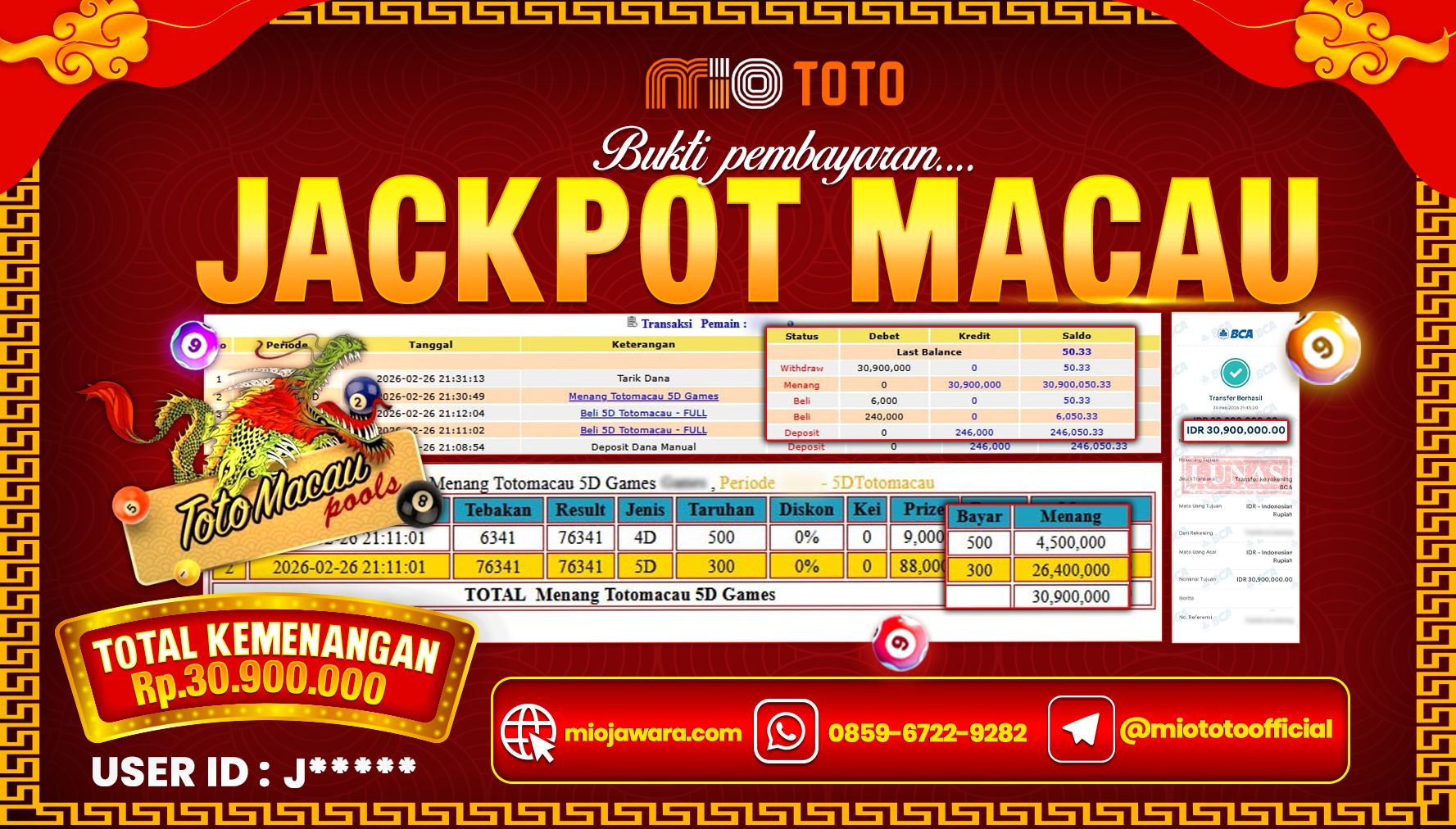 JACKPOT TOGEL TOTOMACAU POOLS 5D Rp.30,900,000 DI BAYAR TUNAI !!!