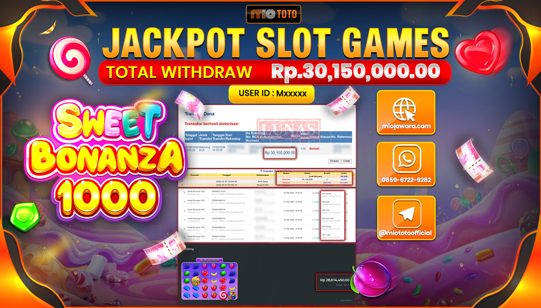 JACKPOT SLOT SWEET BONANZA 1000 Rp.30,150,000 DI BAYAR TUNAI !!!